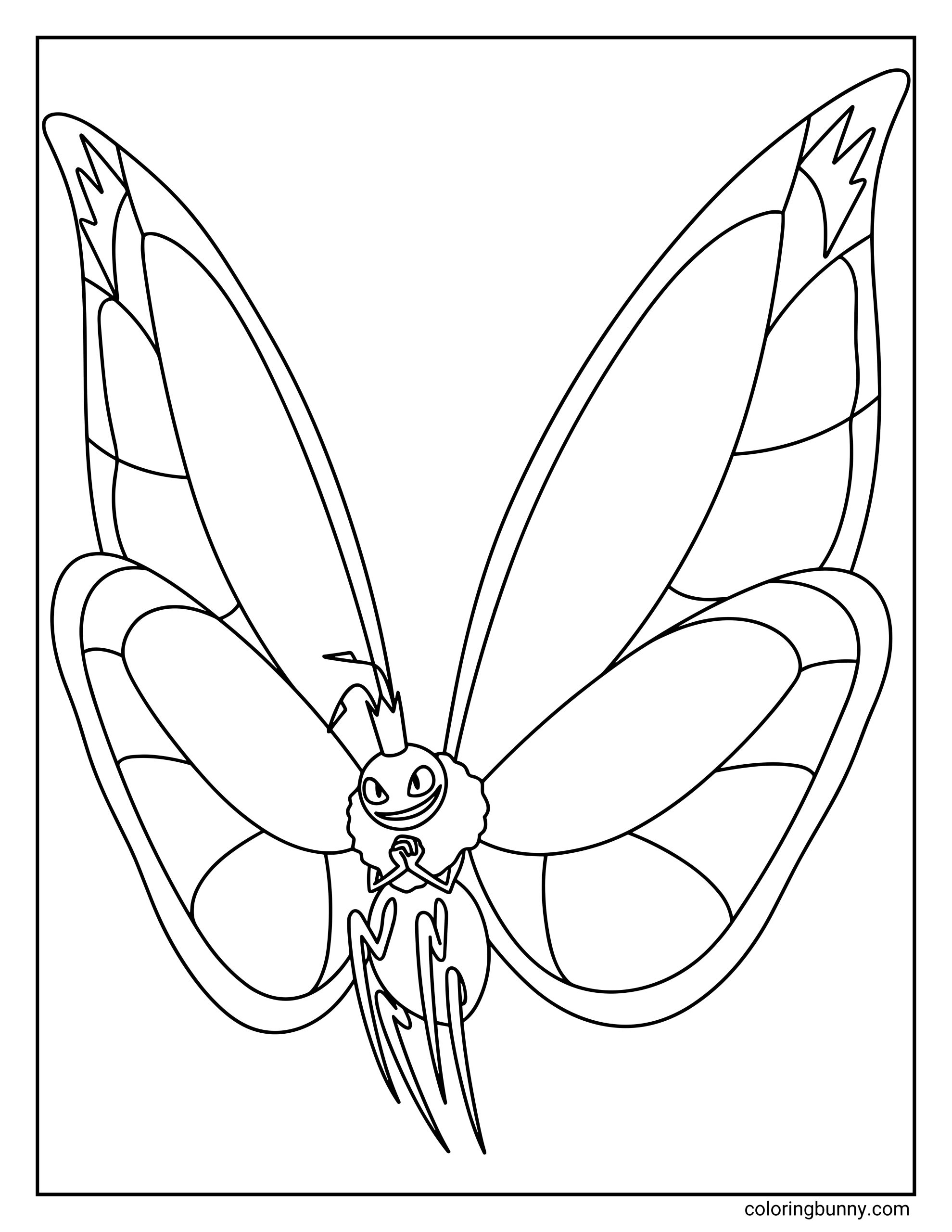 A Hoppers coloring page featuring Titus the butterfly with enormous patterned wings spread wide and a small crown resting on his head. The butterfly floats gracefully in the center of the page with a confident smile, showing his long body, antennae, and detailed wing patterns.