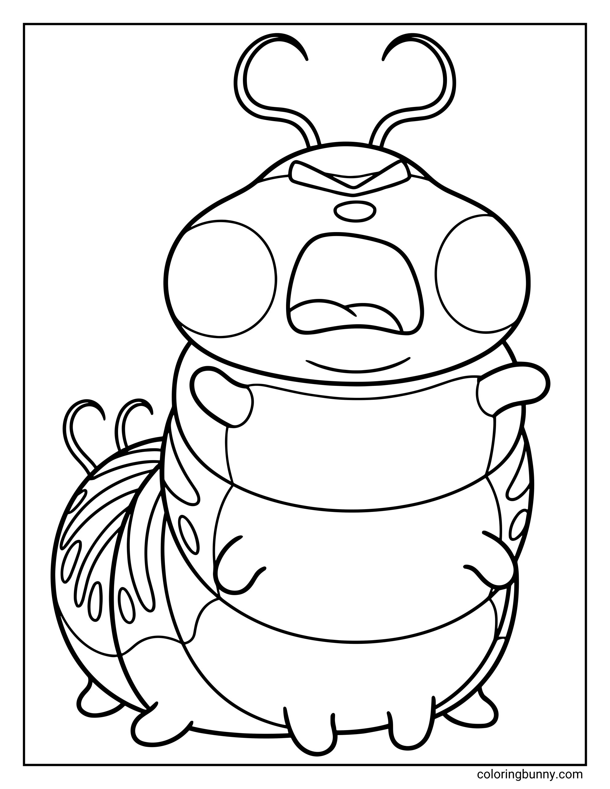 A Hoppers coloring page featuring Titus the caterpillar standing upright with a dramatic expression on his face. His long antennae curl above his head while his segmented body and patterned tail show his unique insect design from the film.