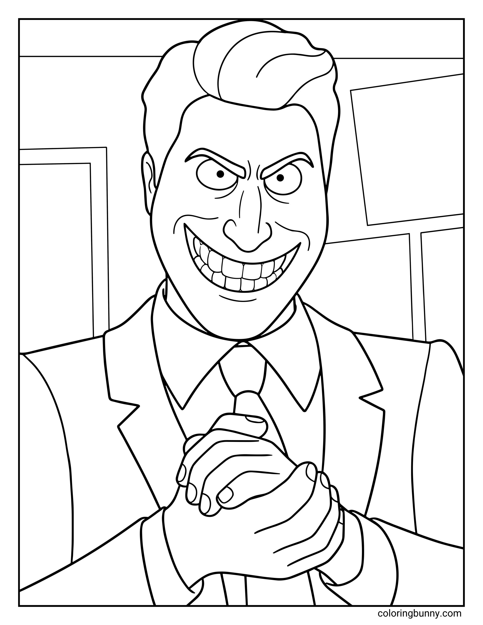 A Hoppers coloring page featuring Mayor Jerry standing indoors with a mischievous grin on his face. He clasps his hands together while wearing a suit and tie, with framed items visible on the wall behind him.