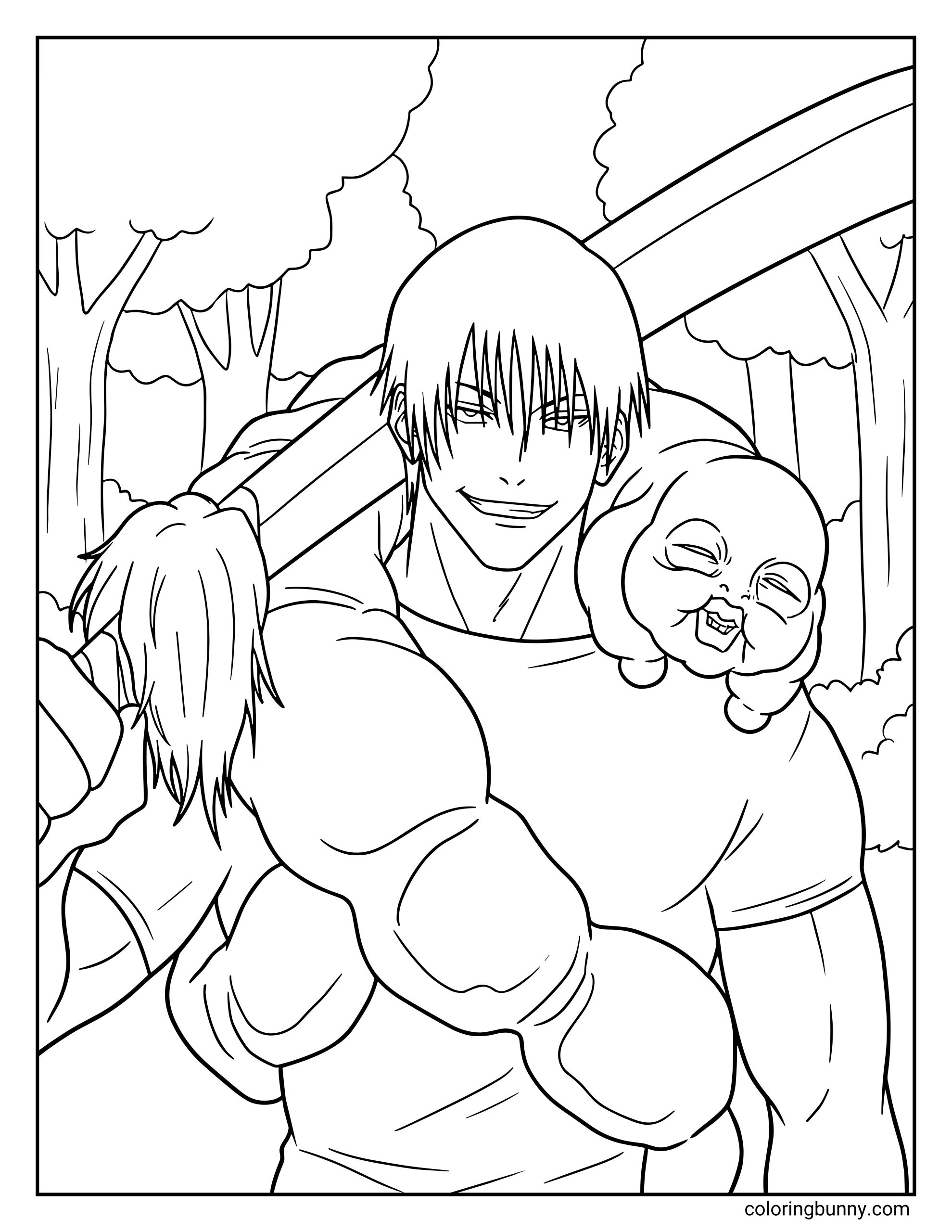 A Jujutsu Kaisen coloring page featuring Toji Fushiguro. The muscular fighter wears a confident grin, and the small cursed spirit companion rests on his shoulder, highlighting Toji’s dangerous presence and unique partnership with the spirit.