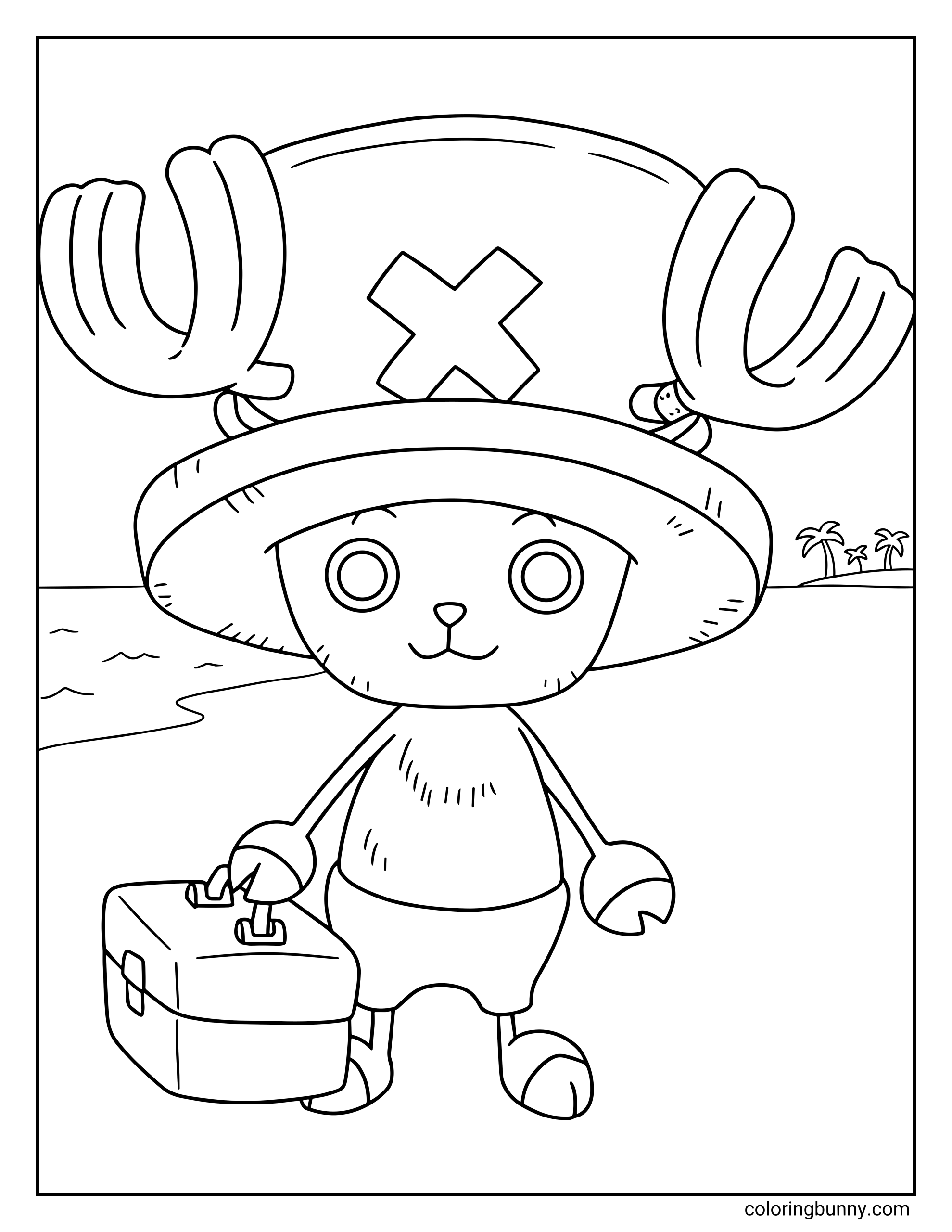 A Tony Tony Chopper One Piece coloring page showing the Straw Hat Pirates’ doctor standing on a beach while holding his medical bag. Chopper wears his iconic hat with the large “X” symbol and antlers, smiling sweetly as the ocean and a small island appear in the background.