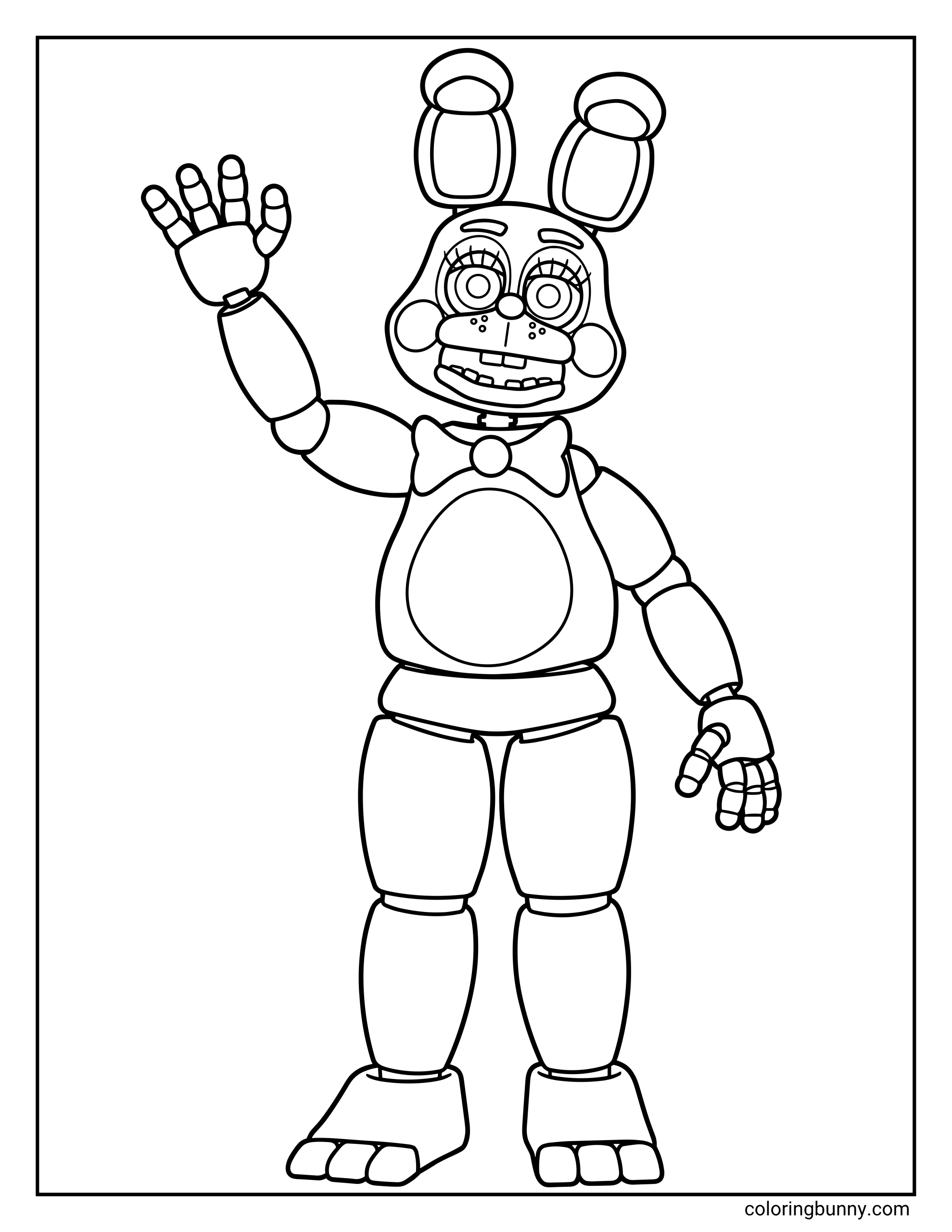 Simple Toy Bonnie coloring page for kids featuring the FNAF animatronic rabbit in a friendly waving pose, showing off his long ears and buck teeth.
