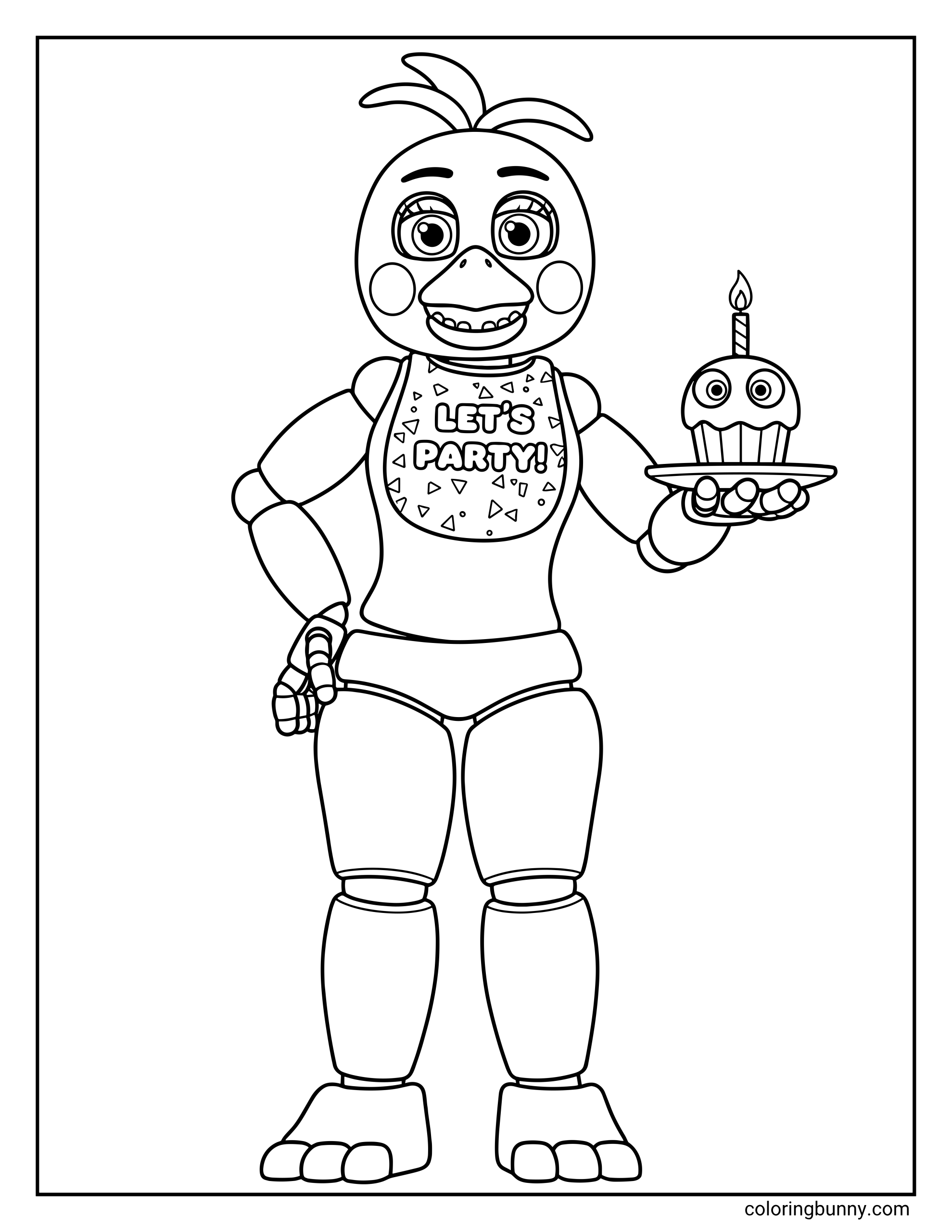 Toy Chica FNAF coloring page featuring the animatronic chicken holding a cupcake on a plate and wearing a bib that says 'LET'S PARTY!' with confetti patterns.