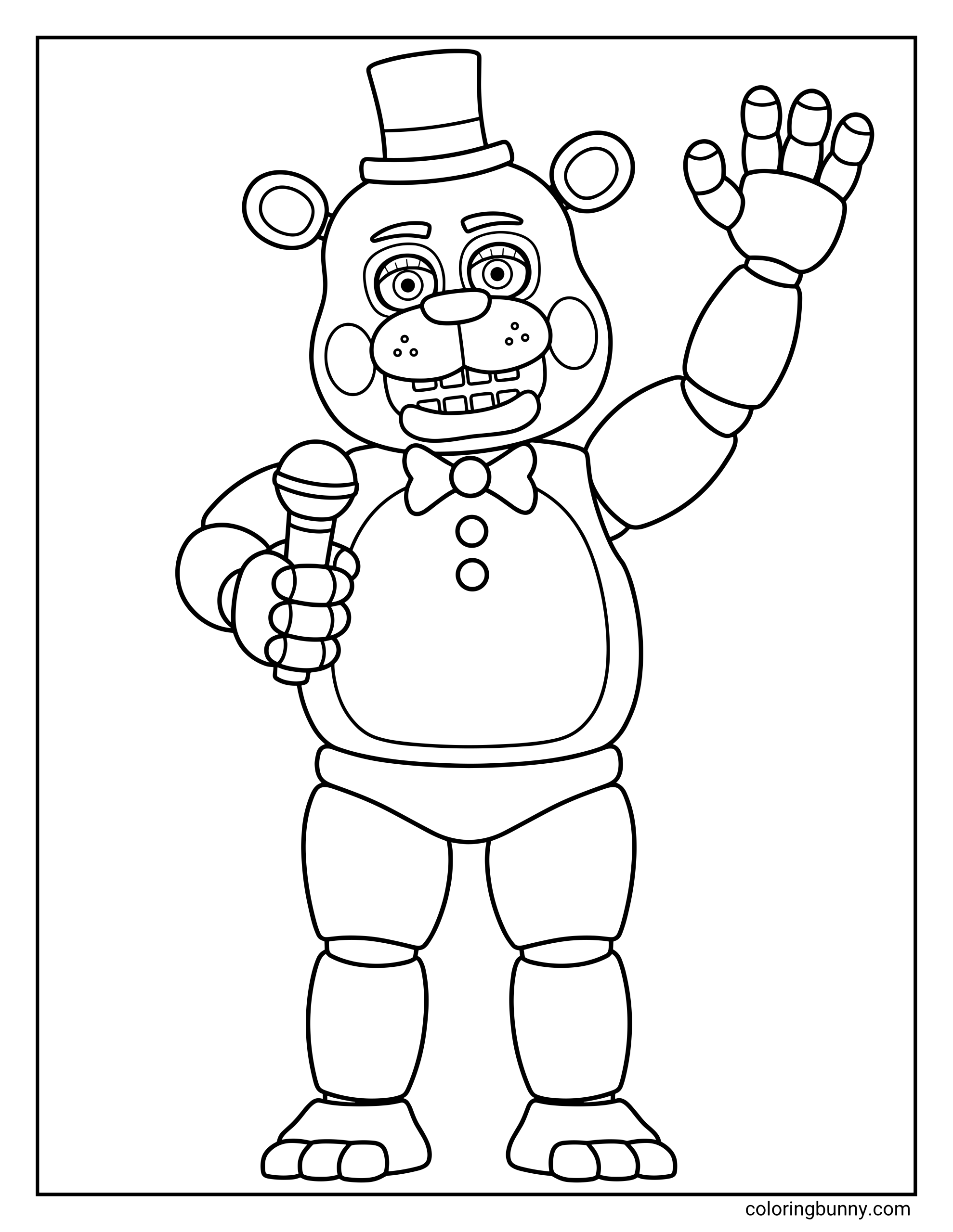 A coloring page of Toy Freddy from FNAF, shown in a classic full-body pose with a microphone, raised waving hand, top hat, bow tie, and large animatronic eyes