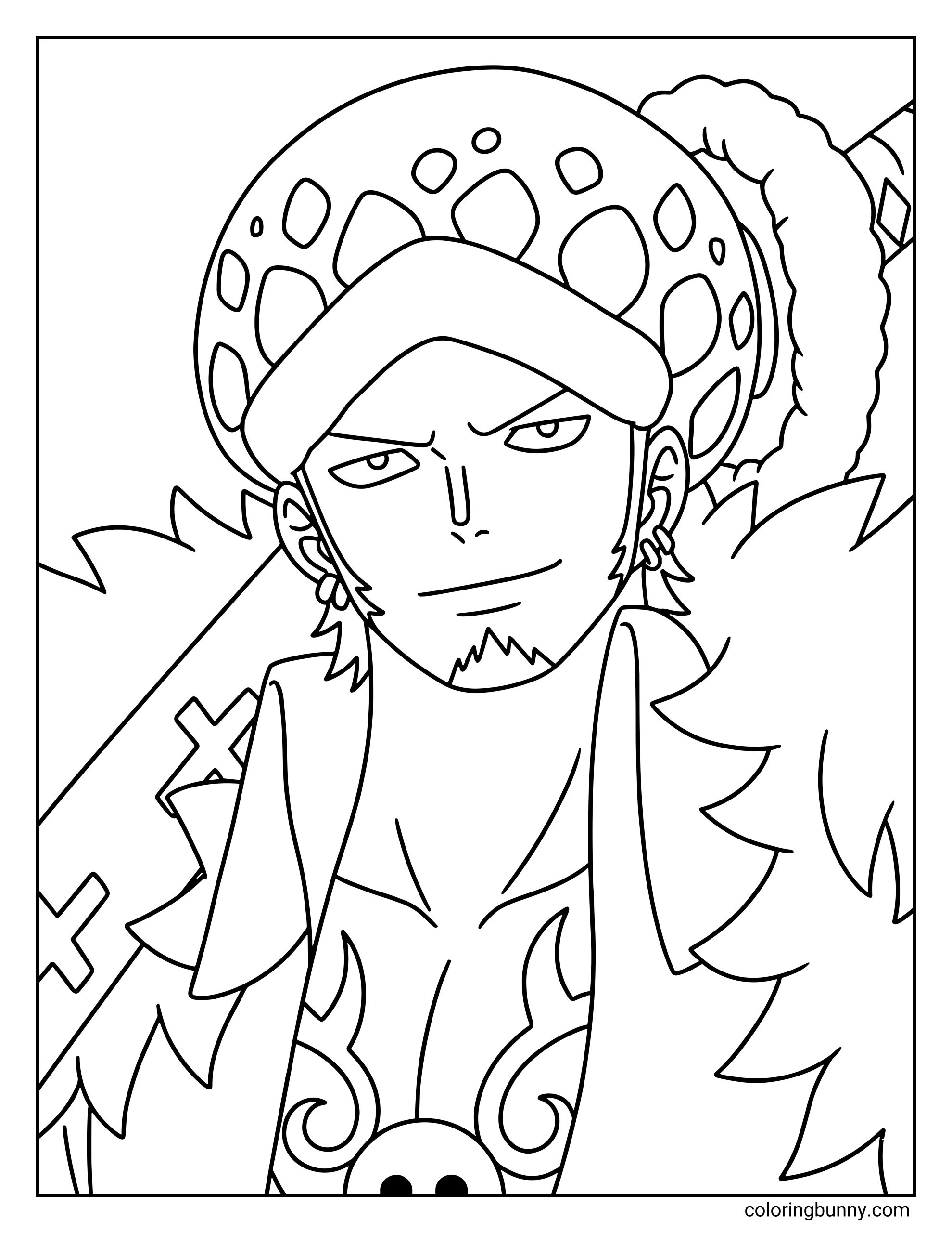 A Trafalgar D. Law One Piece coloring page showing the captain of the Heart Pirates wearing his spotted hat and a long coat with fluffy trim. With a calm, confident expression and his sword resting behind him, Law stands ready for battle with his signature cool demeanor.