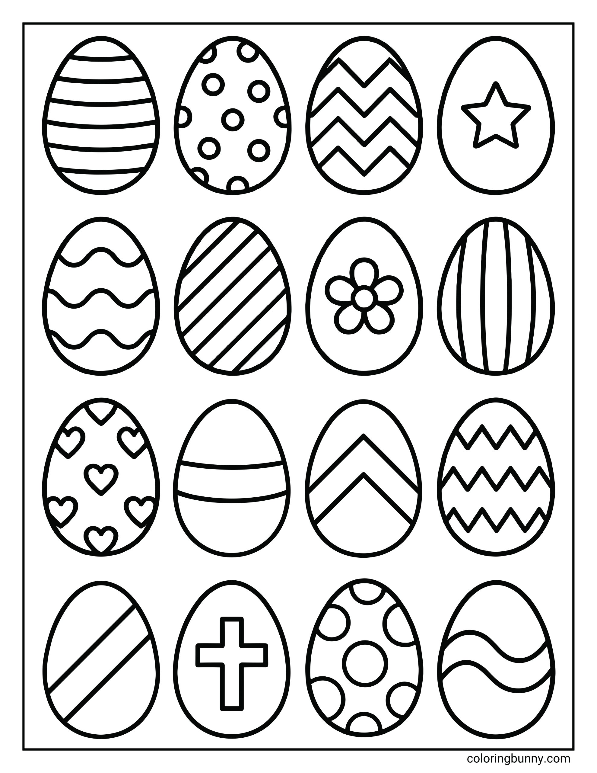 An Easter coloring page featuring sixteen simple Easter eggs arranged in a grid. Each egg has a unique pattern, including stripes, polka dots, stars, hearts, flowers, a cross, and wavy lines.