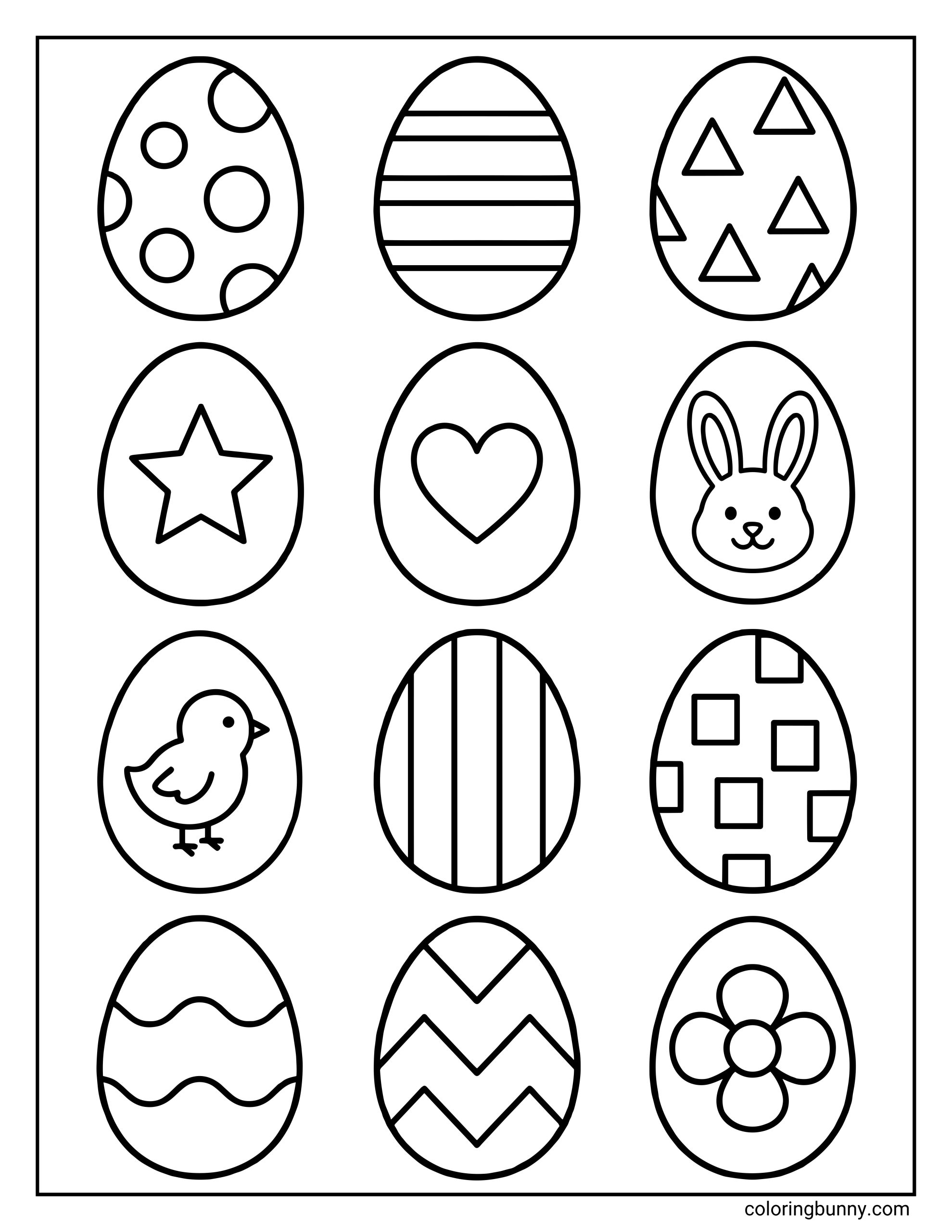 Easter coloring page featuring twelve very easy Easter eggs arranged in a grid, with simple designs including stripes, dots, triangles, stars, hearts, a bunny face, a chick, squares, zigzags, waves, and a flower.