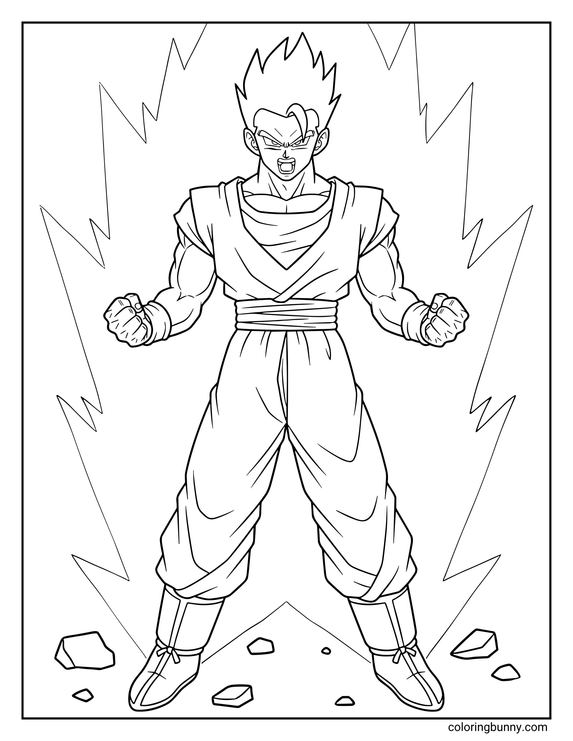 A Dragon Ball Z coloring page featuring Ultimate Gohan powering up with a powerful energy aura around him. The Saiyan warrior stands with clenched fists as lightning crackles and rocks lift from the ground during his transformation.