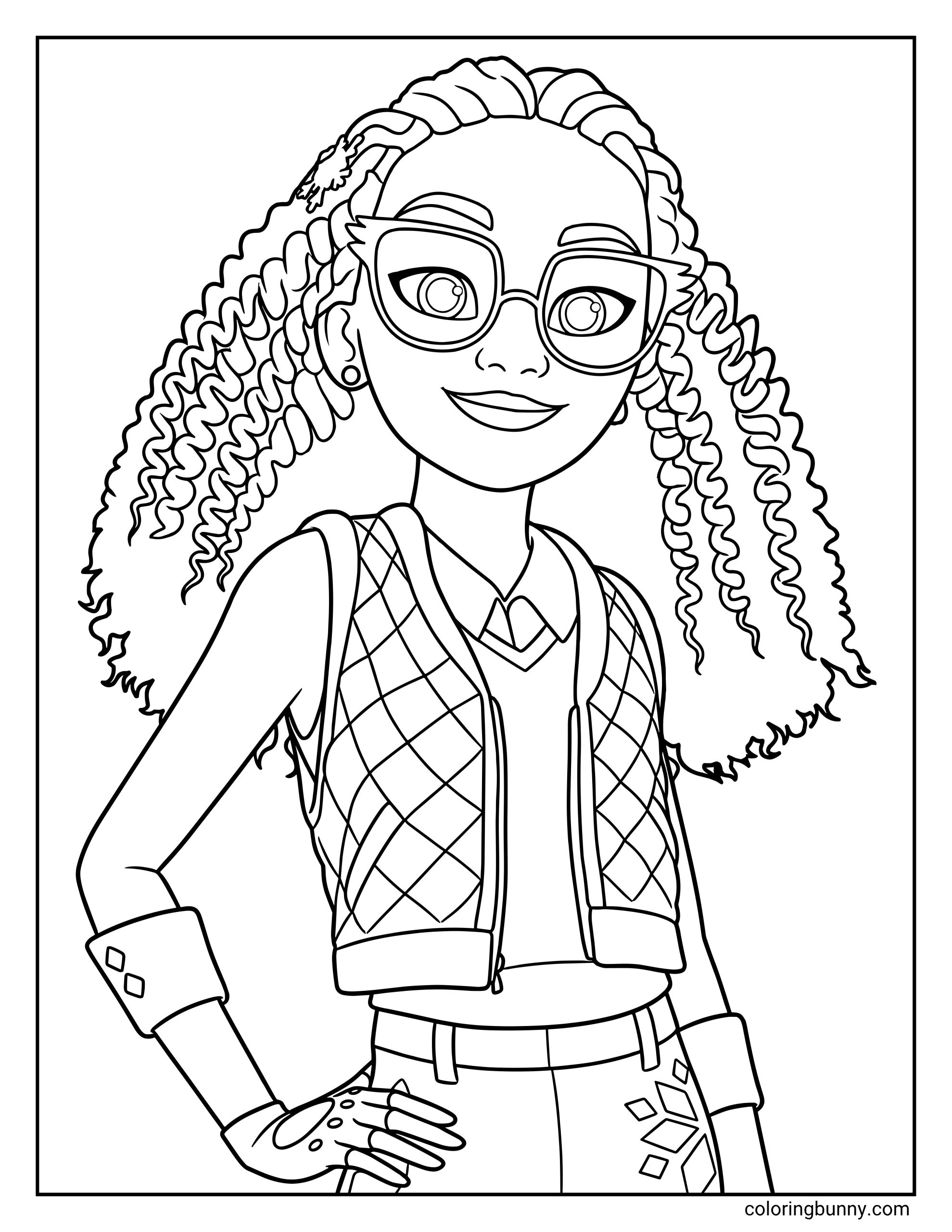 Simple Unicorn Academy coloring page for kids of Layla wearing a diamond-patterned vest and glasses, standing with a hand on her hip.