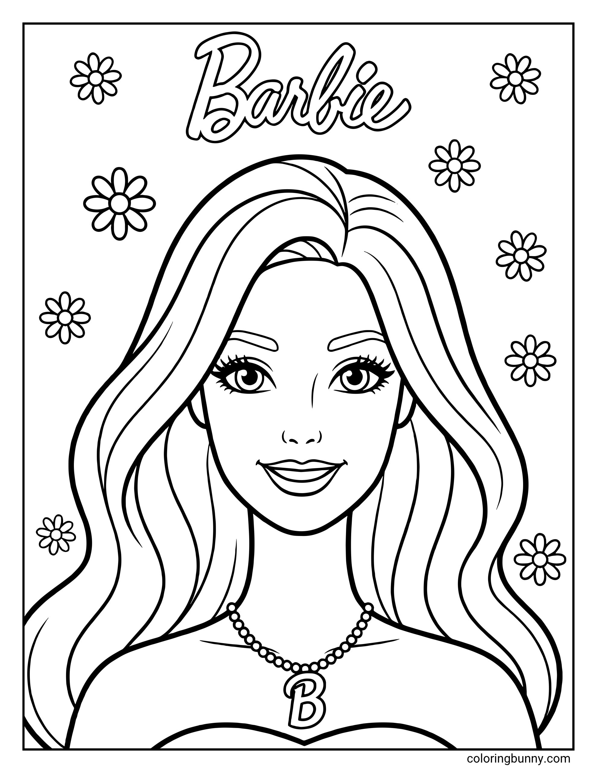 Barbie coloring page featuring a close-up smiling portrait of the doll with long wavy hair and a 'B' necklace, surrounded by daisy flowers with a cursive 'Barbie' logo above.
