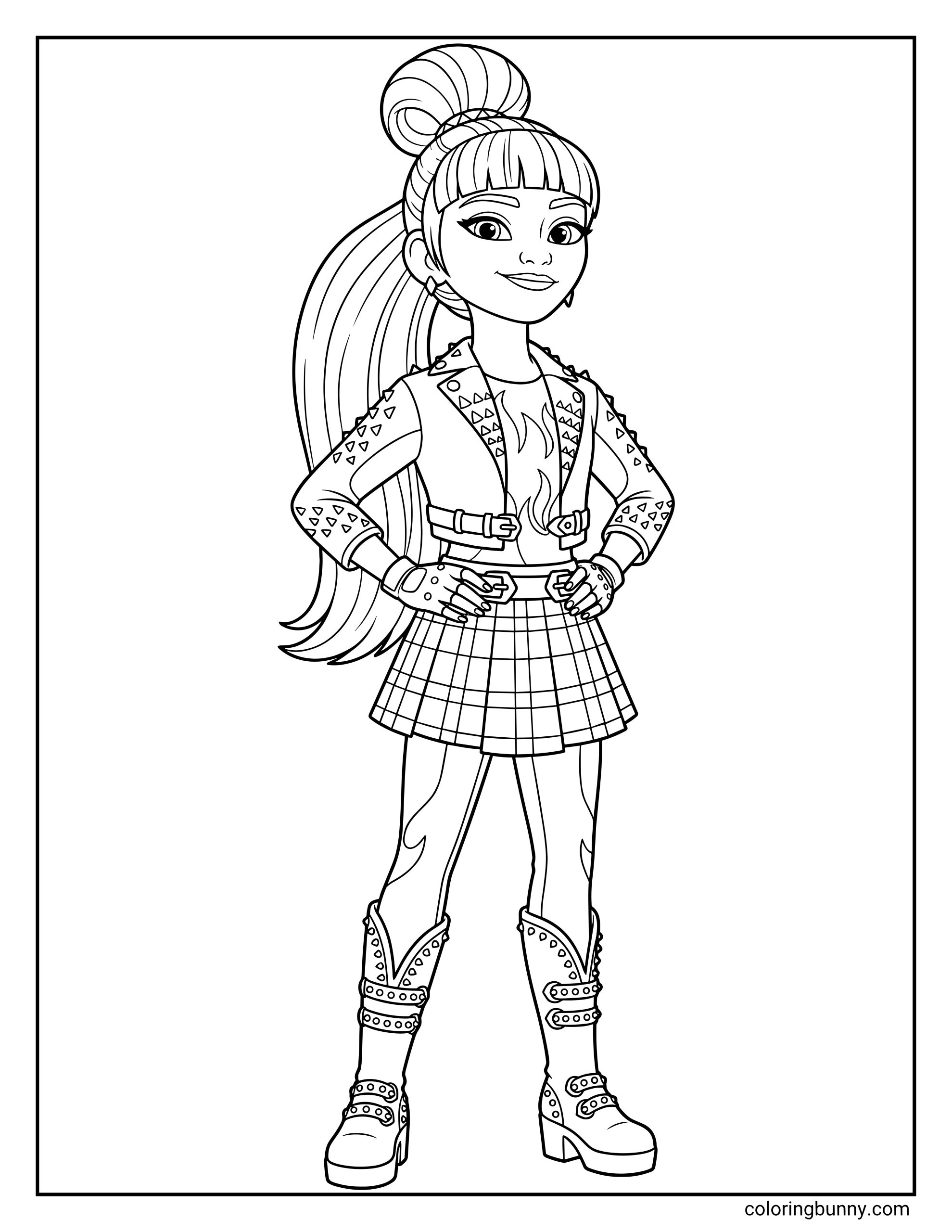 Unicorn Academy Valentina coloring page featuring her with a high bun and long ponytail, wearing a studded jacket, a flame-patterned shirt, a plaid skirt, and tall studded boots with buckles.