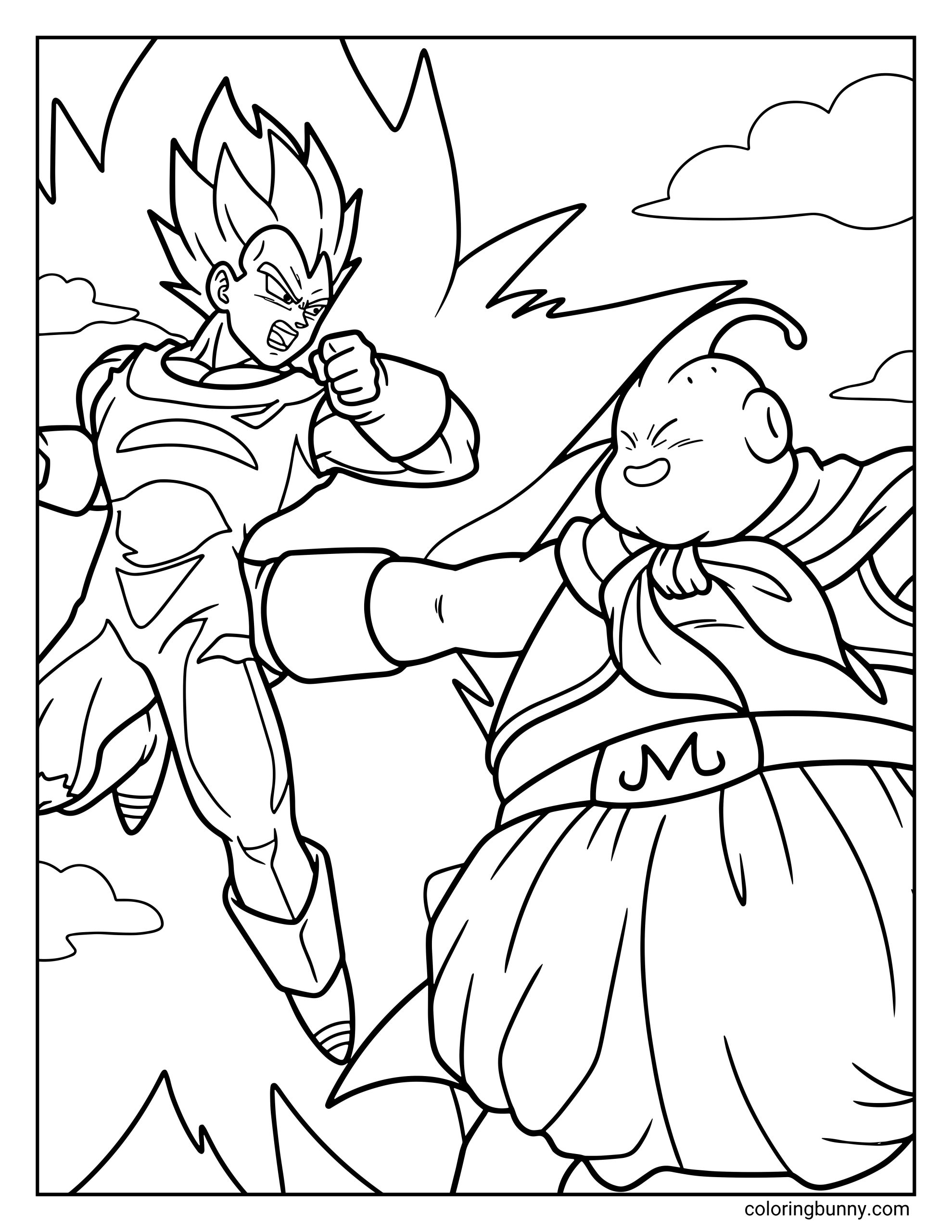 A Dragon Ball Z coloring page featuring Vegeta launching a powerful kick toward Majin Buu during an intense mid-air battle. Vegeta appears in Super Saiyan form with a blazing aura as the round villain braces for impact.