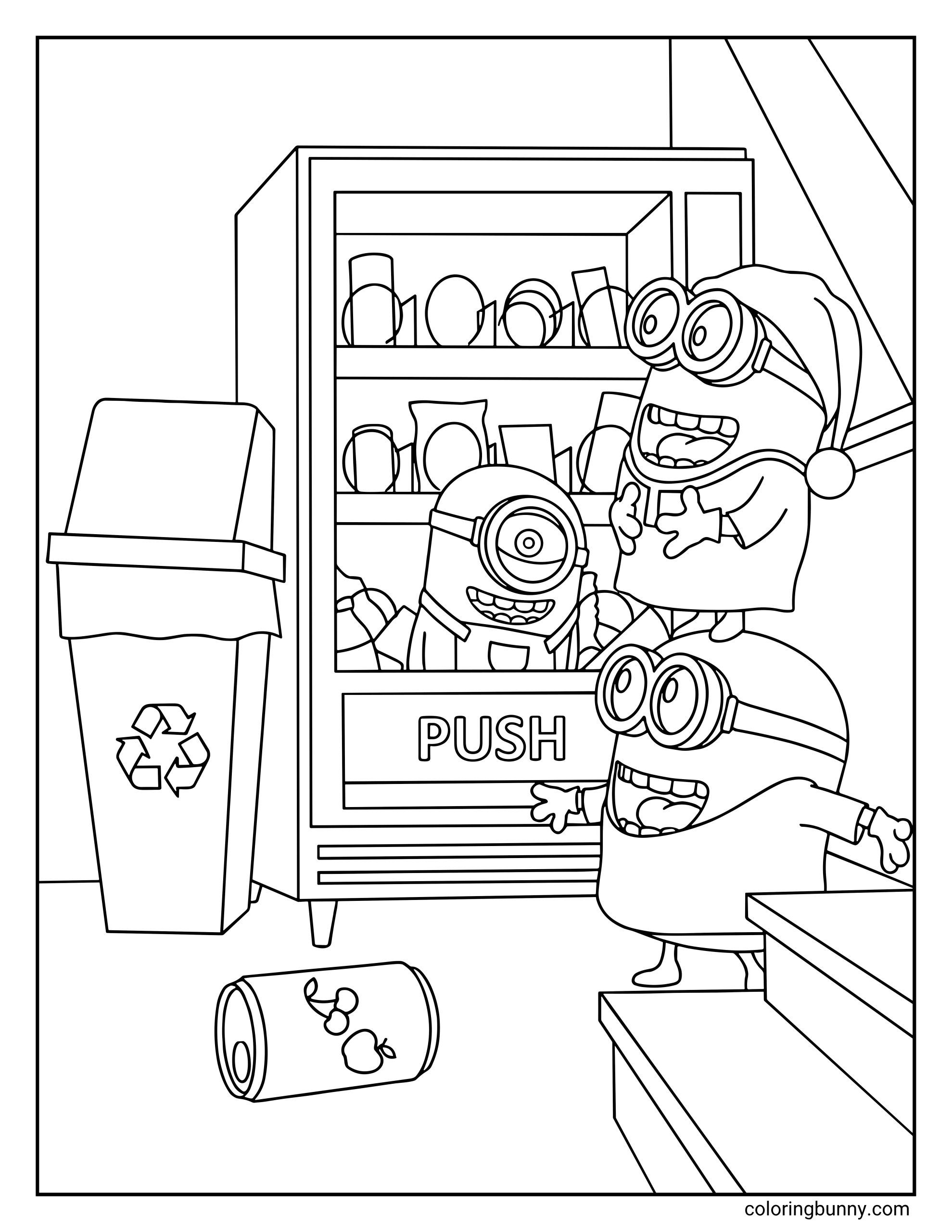 A coloring page from the Despicable Me short film "Training Wheels" showing Stuart stuck inside a vending machine while his friends Phil and Jerry laugh from the outside. A recycling bin sits to the left, and a spilled soda can lies on the floor near a set of stairs.