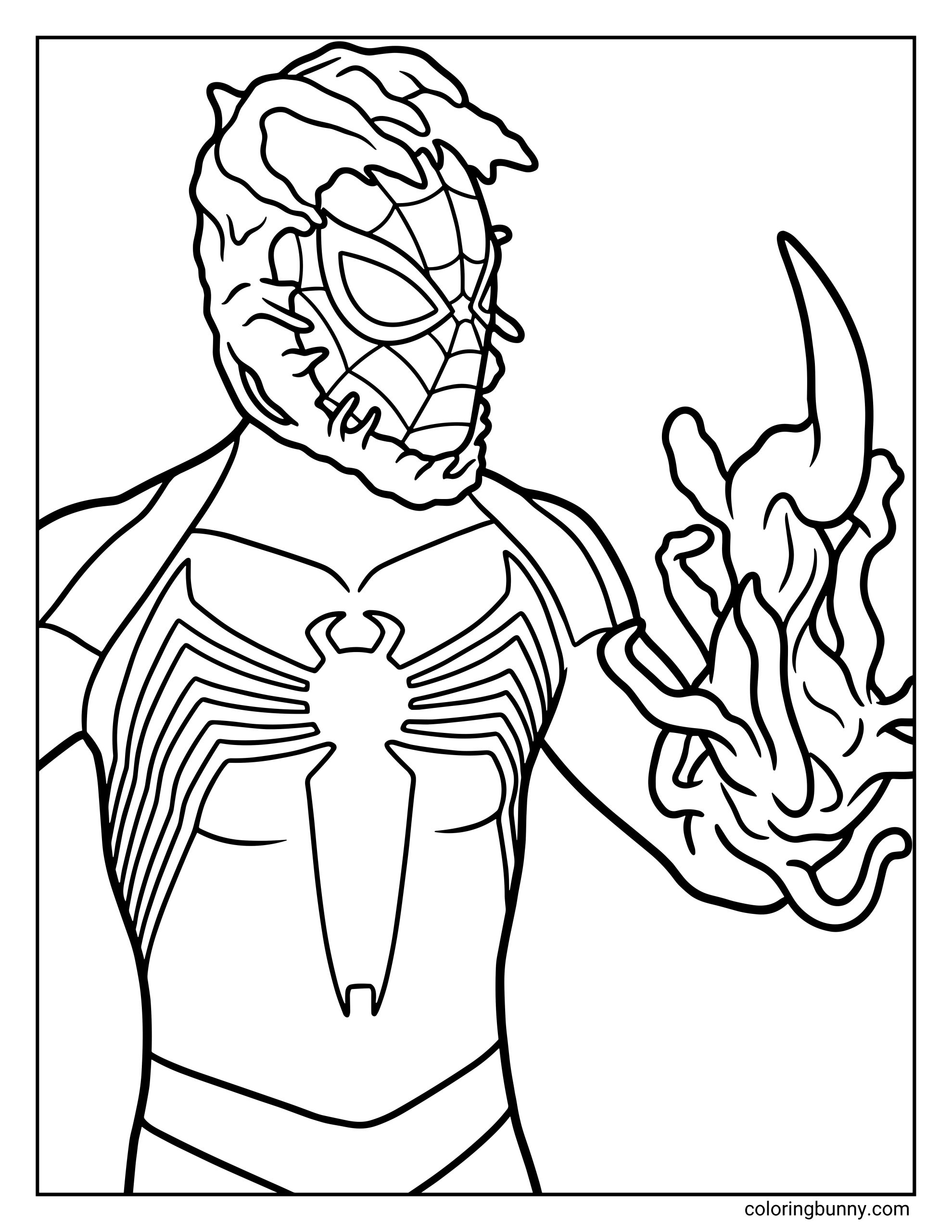 A detailed Spider-Man coloring page featuring Venom overtaking Spider-Man, as the dark symbiote spreads across his suit and forms swirling, living tendrils around his raised hand. The bold spider emblem stands out on his chest while the symbiote energy appears to pulse and grow.
