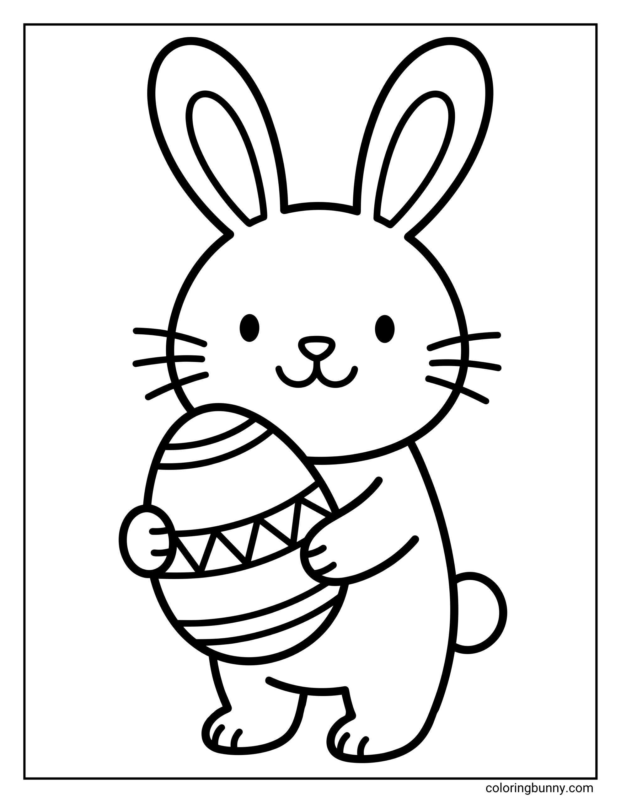 A simple Easter coloring page of a cute bunny standing upright and holding a large decorated Easter egg with stripes and triangle patterns, designed with thick lines and minimal details for easy coloring.