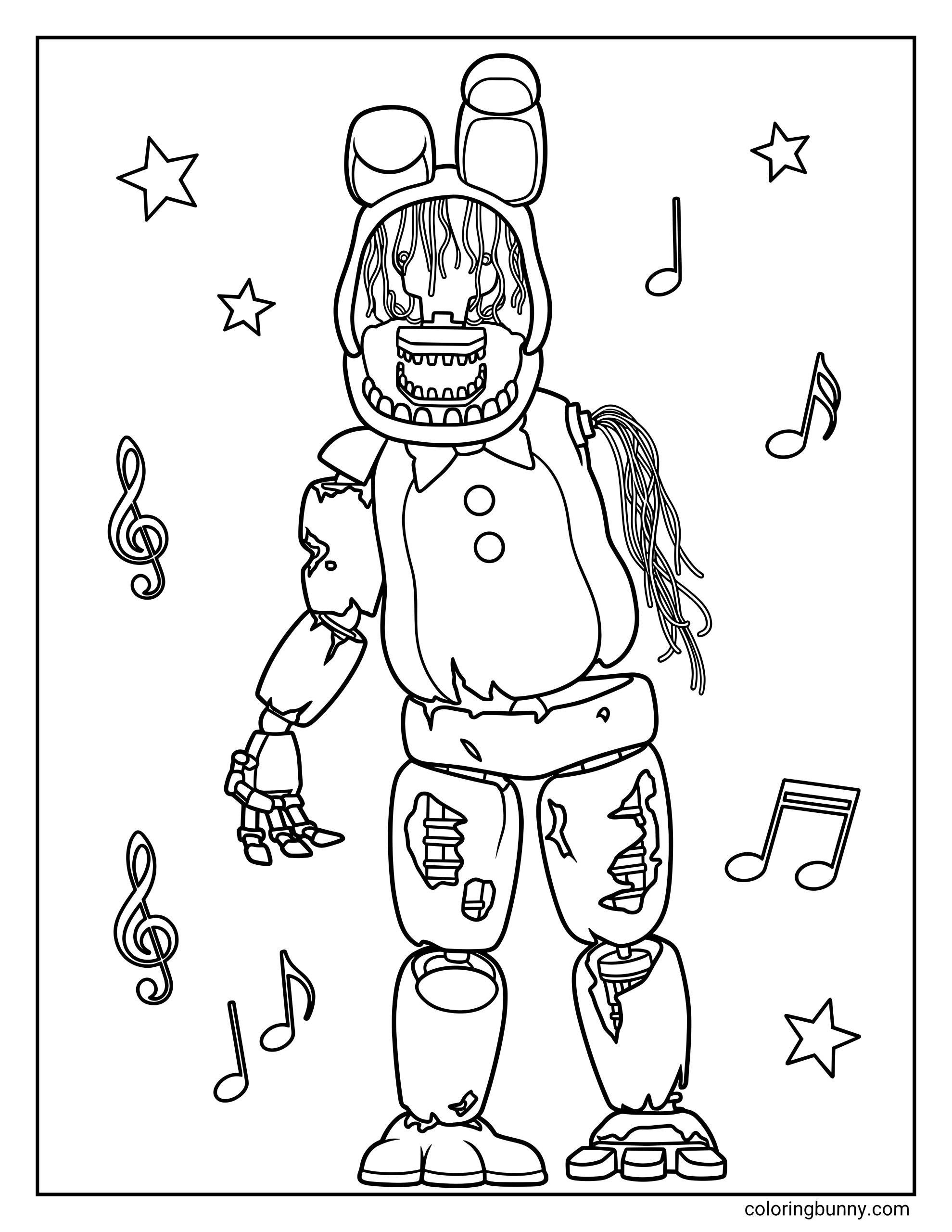 Withered Bonnie FNAF coloring page featuring the faceless rabbit animatronic with exposed wires, surrounded by stars and music notes.