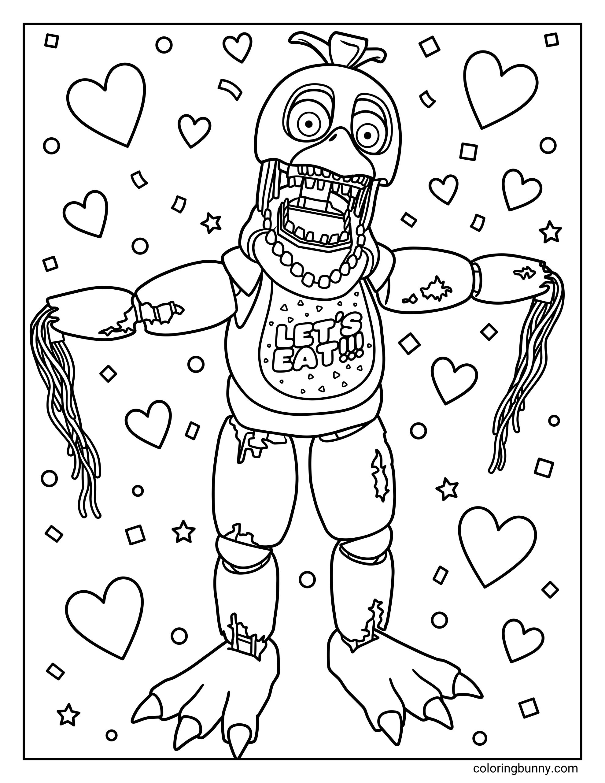 FNAF coloring page of Withered Chica with a 'LET'S EAT!!!' bib, missing hands, and dangling wires, set against a background of confetti.