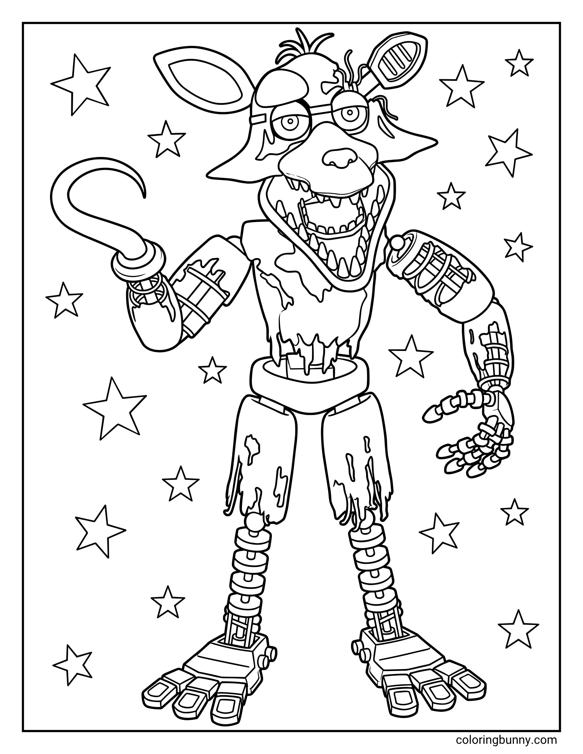 Withered Foxy FNAF coloring page featuring the damaged fox animatronic with a hook and eye patch, surrounded by stars.