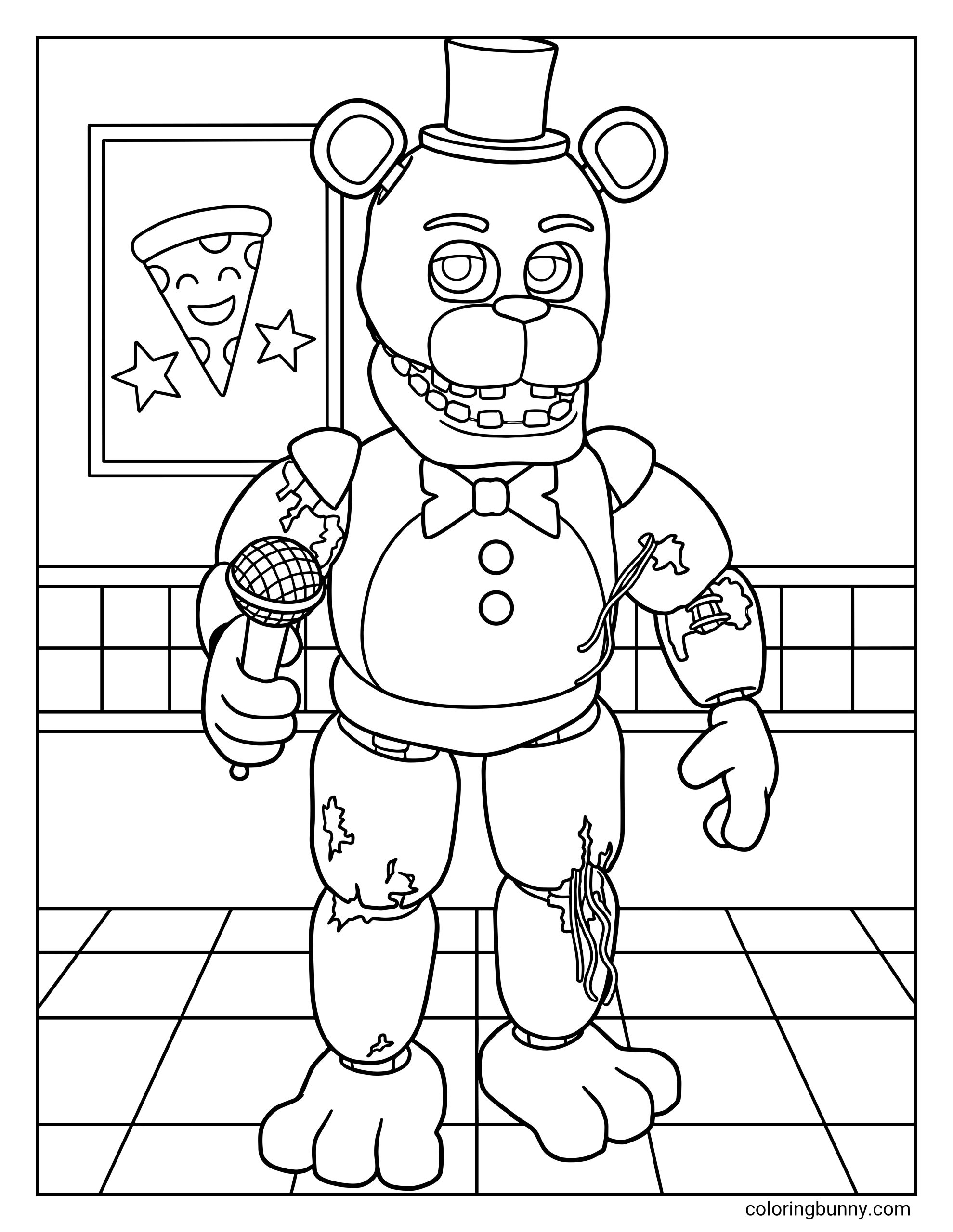 Simple Withered Freddy coloring page for kids showing the character with visible mechanical parts in his arms and legs, standing in front of a smiling pizza poster.