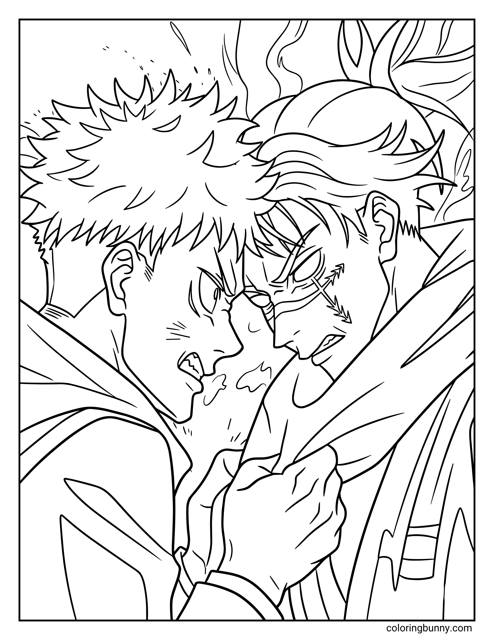 A Jujutsu Kaisen coloring page featuring Yuji Itadori clashing with Choso, as the two fighters press their foreheads together in an intense close-range standoff. Yuji grips Choso’s clothing while both glare fiercely, capturing the heated moment of their confrontation.