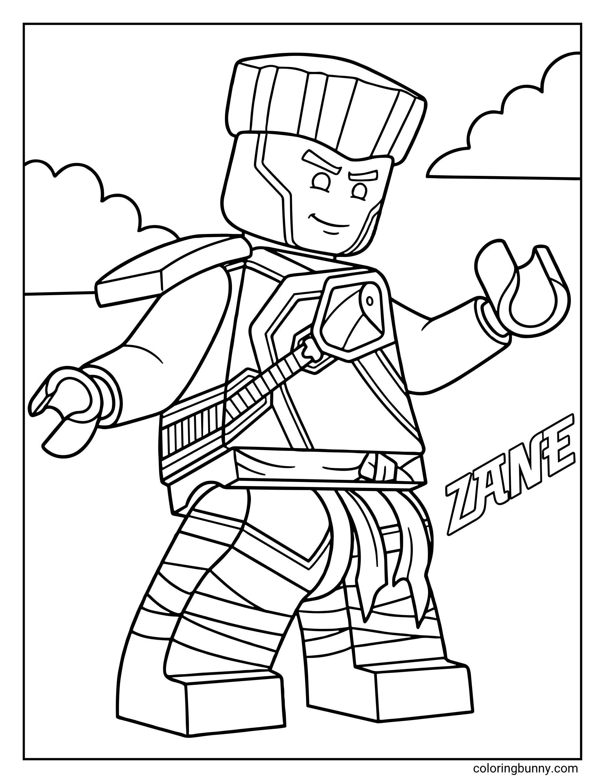 A LEGO Ninjago coloring page of Zane, the Master of Ice, standing in a heroic pose with his name written in a diagonal font. He is depicted in his Nindroid form with cloud outlines in the background, ready to use his cool-headed logic and elemental powers.
