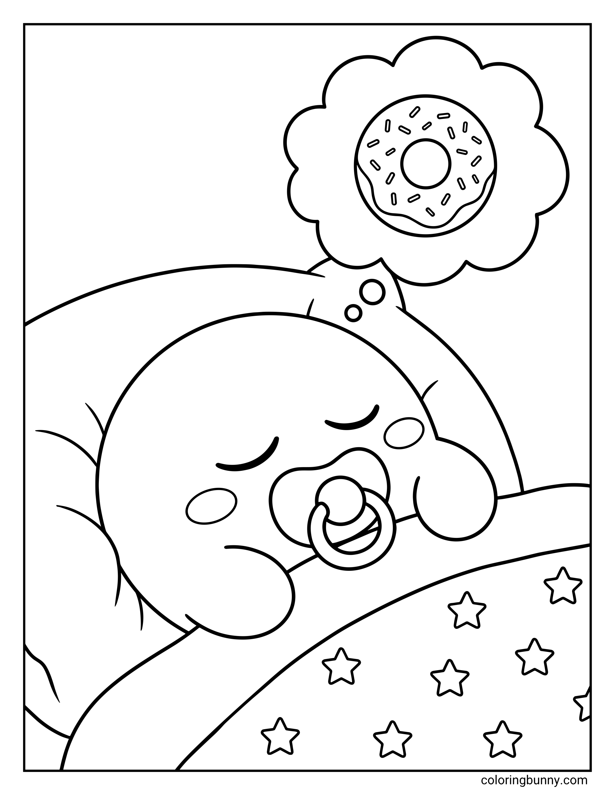 Coloring page of baby Kirby sleeping peacefully with a pacifier, tucked under a starry blanket. A flower-shaped decoration with a donut above the bed makes the scene look extra sweet.