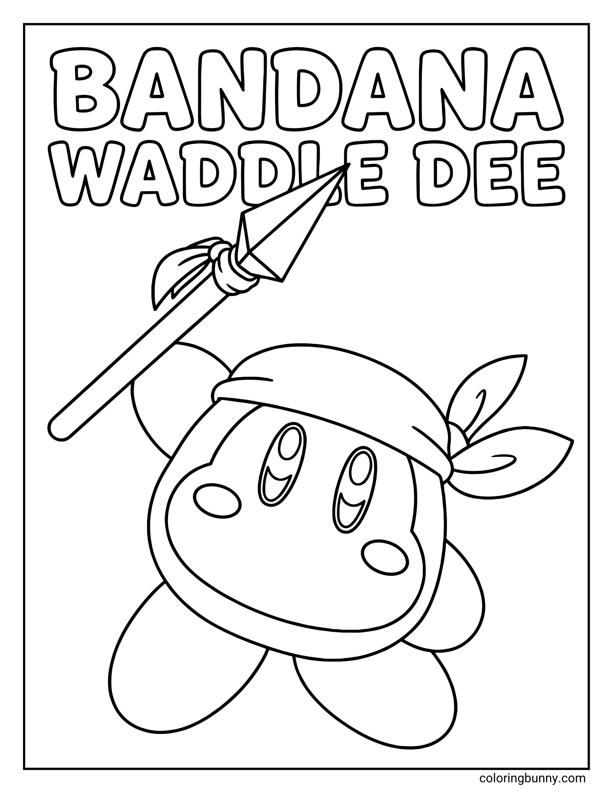 Simple Bandana Waddle Dee coloring page for kids featuring the round, cheek-blushing character raising his spear under his name in bold text.