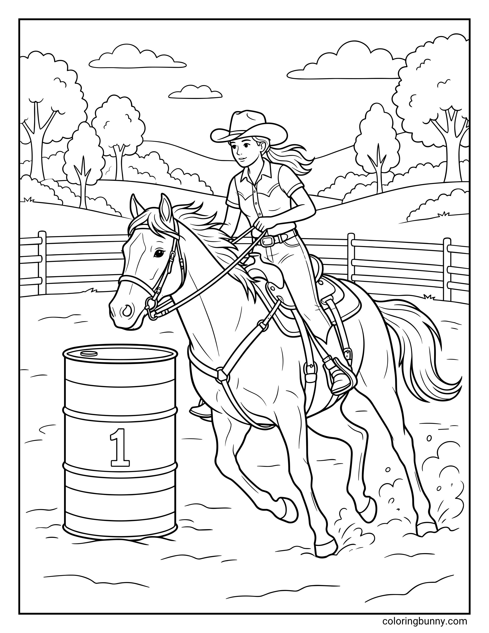 Barrel racing coloring page of a cowgirl riding a horse around a barrel in a rodeo-style arena, with saddle, reins, dust clouds, fence rails, and countryside scenery.