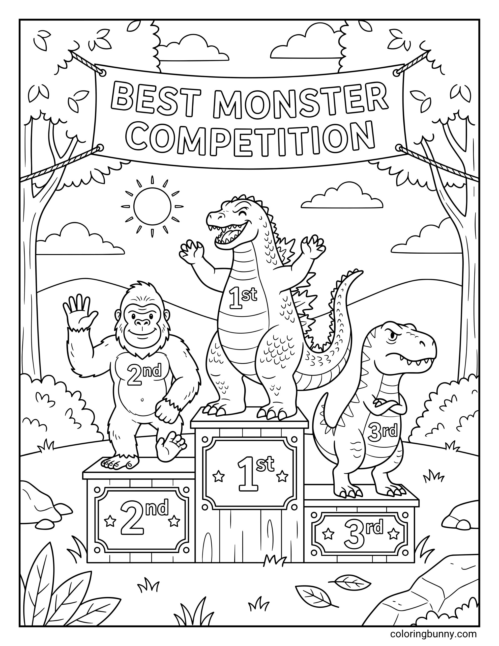 A fun coloring page featuring Godzilla, King Kong, and a T-Rex standing on a winners' podium under a "Best Monster Competition" banner. Godzilla is shown celebrating in 1st place while Kong takes 2nd and T-Rex takes 3rd.