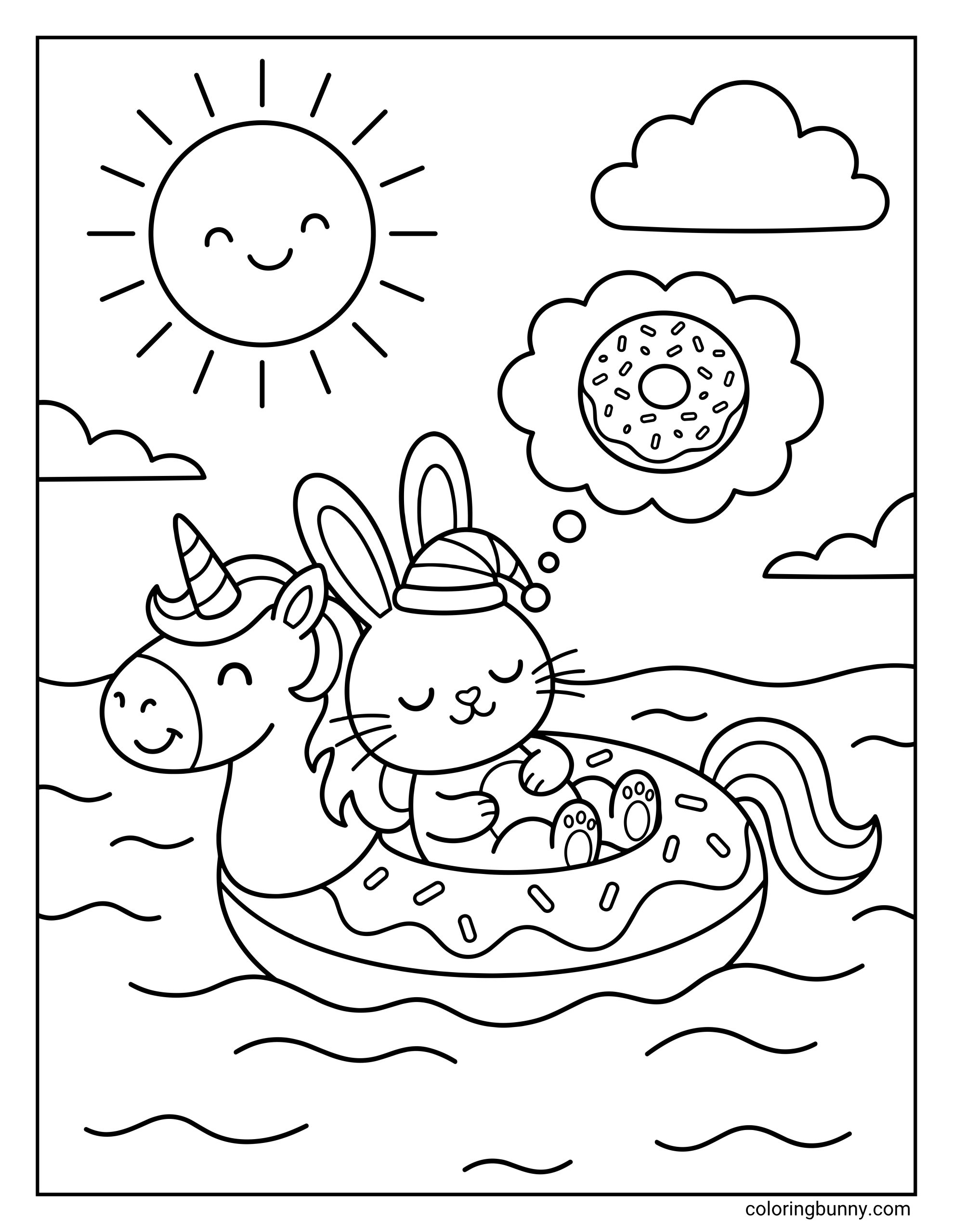 Summer coloring page featuring a sleeping bunny drifting in the ocean on a magical unicorn donut float. The bunny dreams of a tasty donut while a happy sun and soft clouds float in the background.