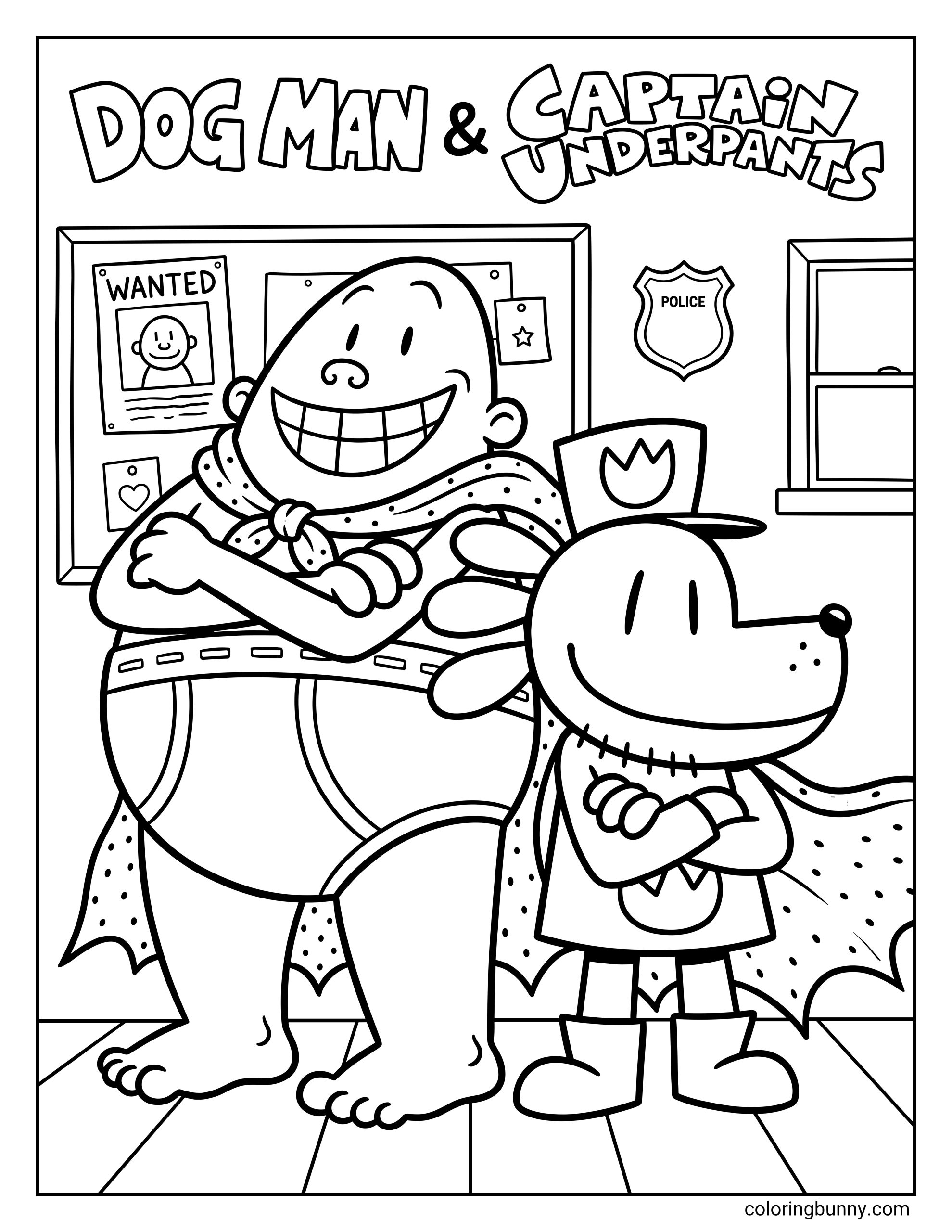 A coloring page of Dog Man and Captain Underpants standing together indoors in hero poses. Dog Man wears his police hat and cape, while Captain Underpants smiles beside him with his cape and signature outfit.