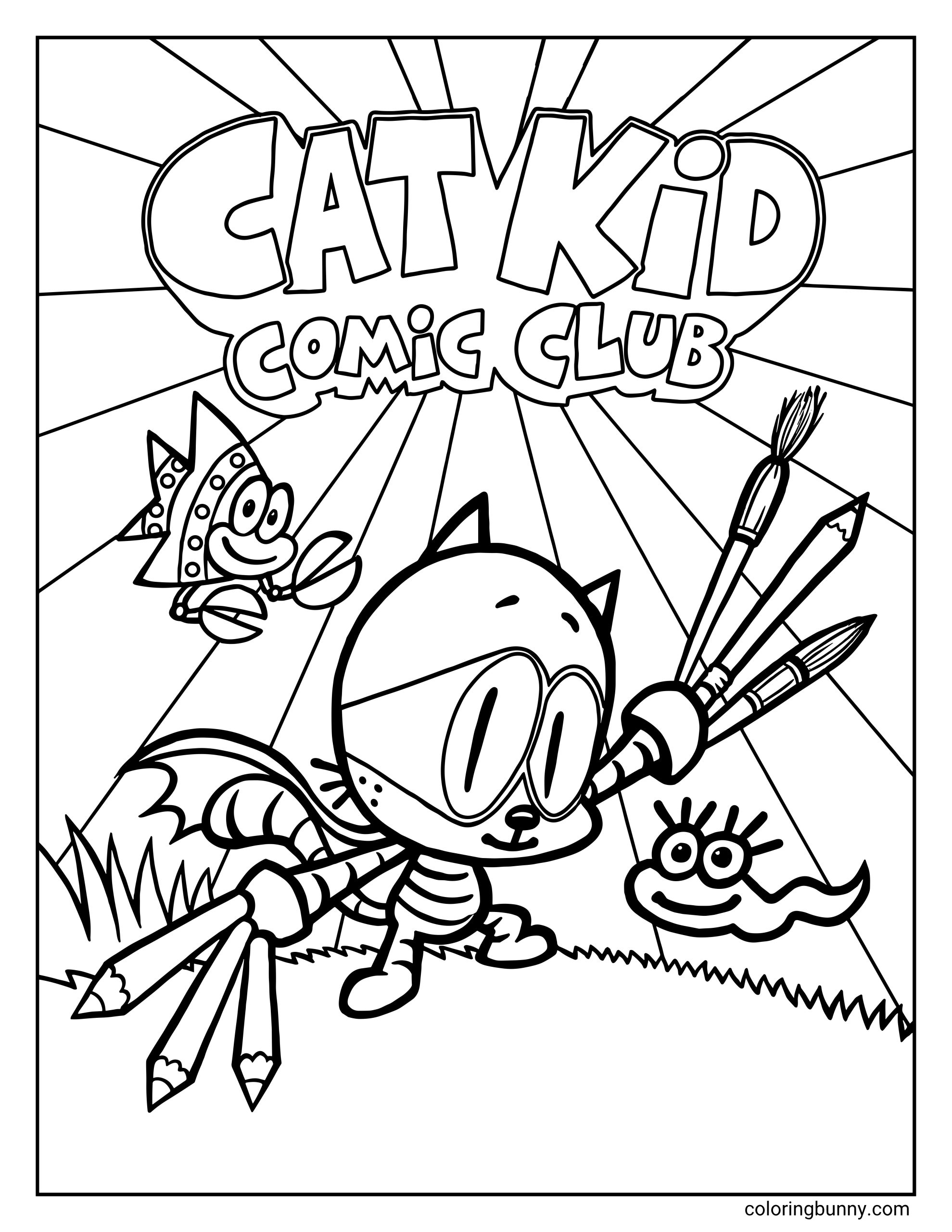 Cat Kid coloring page for kids featuring Li'l Petey dressed as Cat Kid holding large art supplies, accompanied by a little tadpole and a mechanical bug below a large Cat Kid Comic Club title.