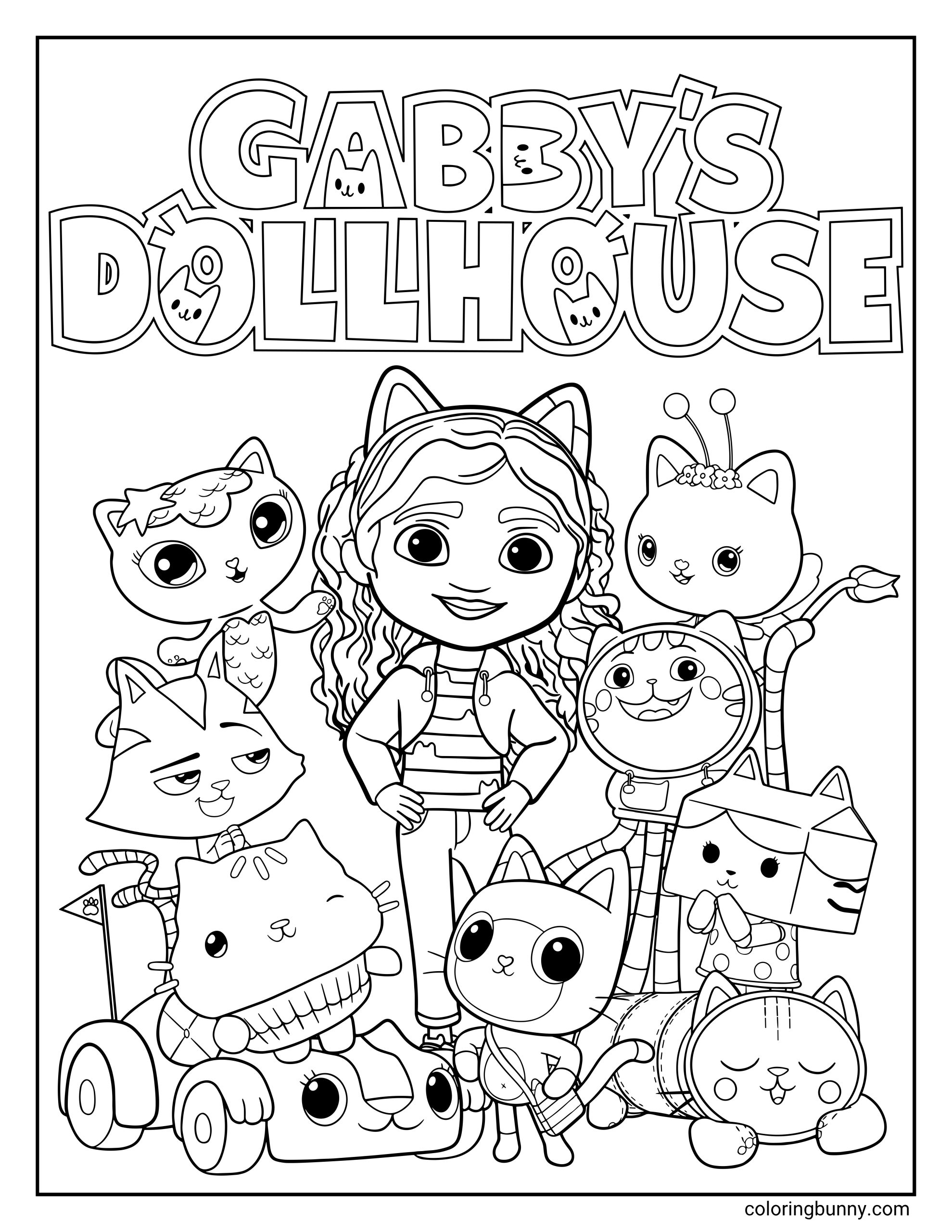 A coloring page of the Gabby’s Dollhouse cast posing together beneath the show’s logo, with Gabby wearing her cat ears and a large group of cat characters gathered around her in a detailed line-art scene.