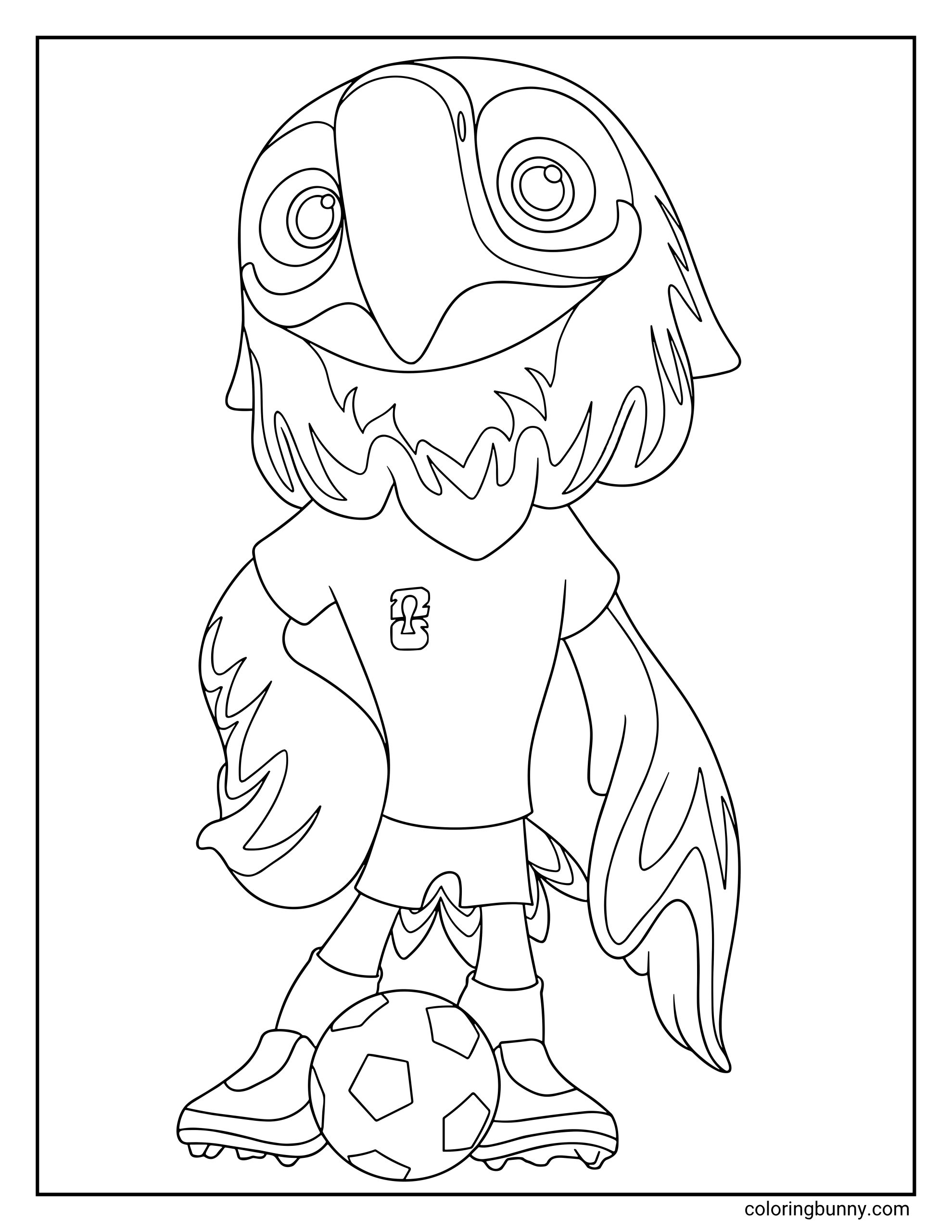 A World Cup 2026 coloring page featuring the official mascot Clutch, a bald eagle standing over a soccer ball. He wears a jersey and has large, expressive eyes and detailed feathered wings.