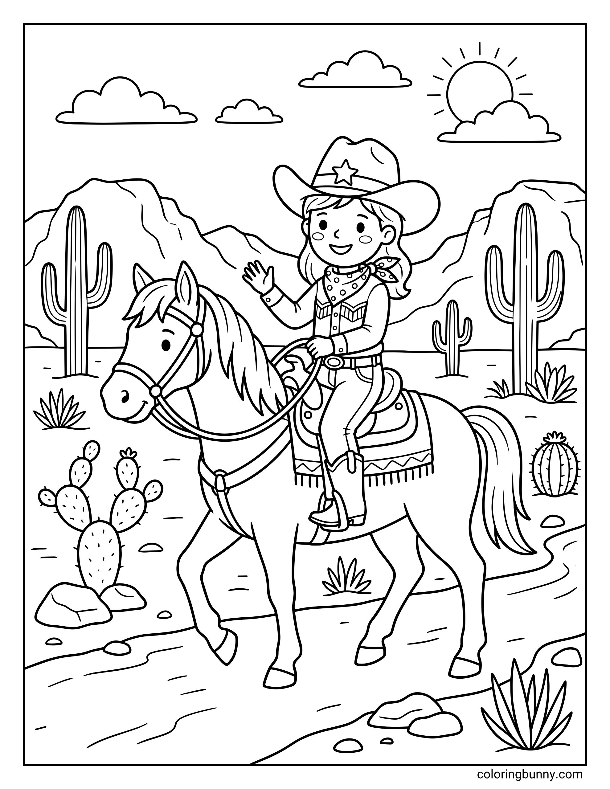 Western horse coloring page featuring a young girl in a cowboy hat and boots riding her horse through a sunny desert landscape.