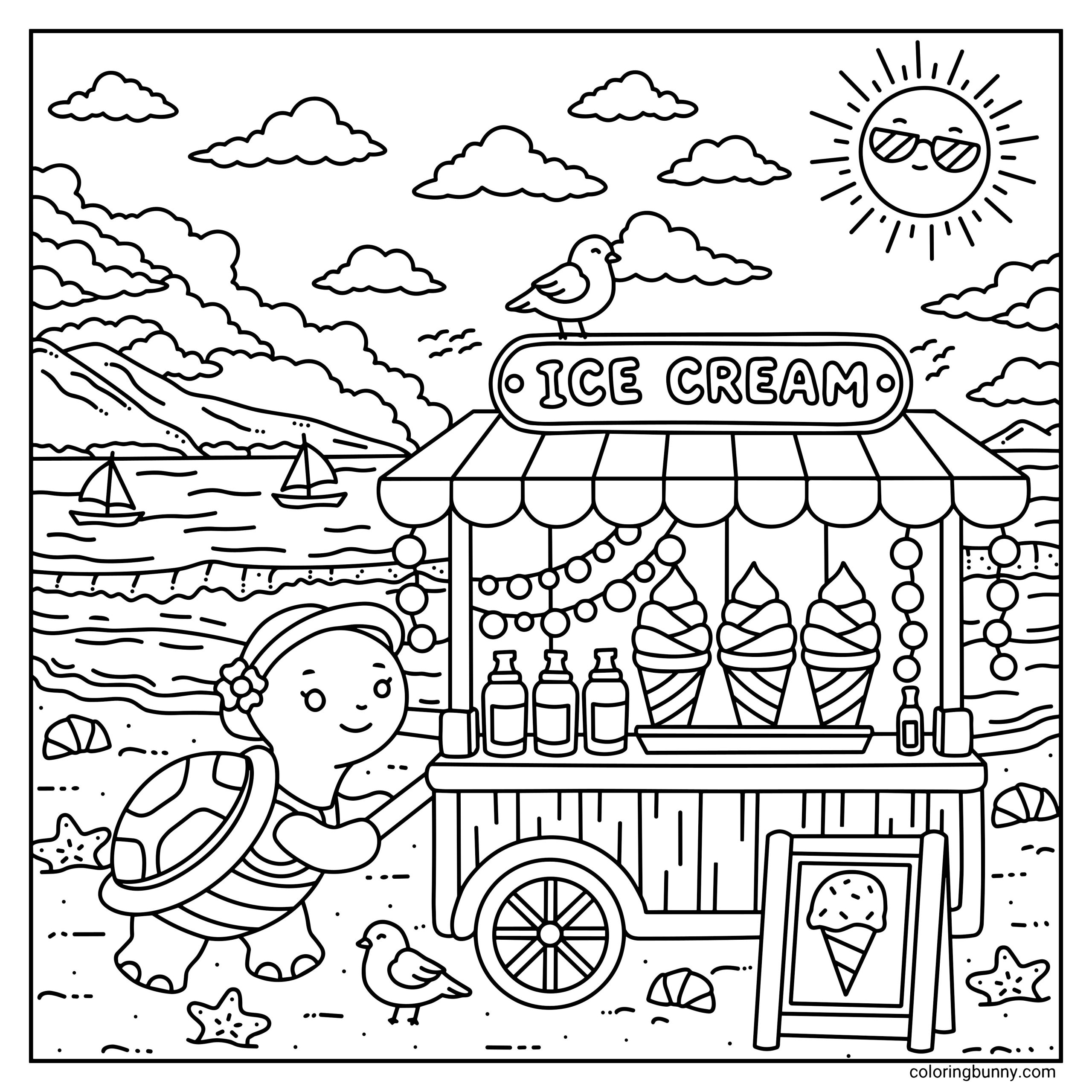 A hand-drawn cozy summer coloring page depicting a friendly turtle operating a charming ice cream cart on a sunny beach. The scene is complete with sailboats on the horizon, a seagull perched on the roof, and a sun wearing cool sunglasses.