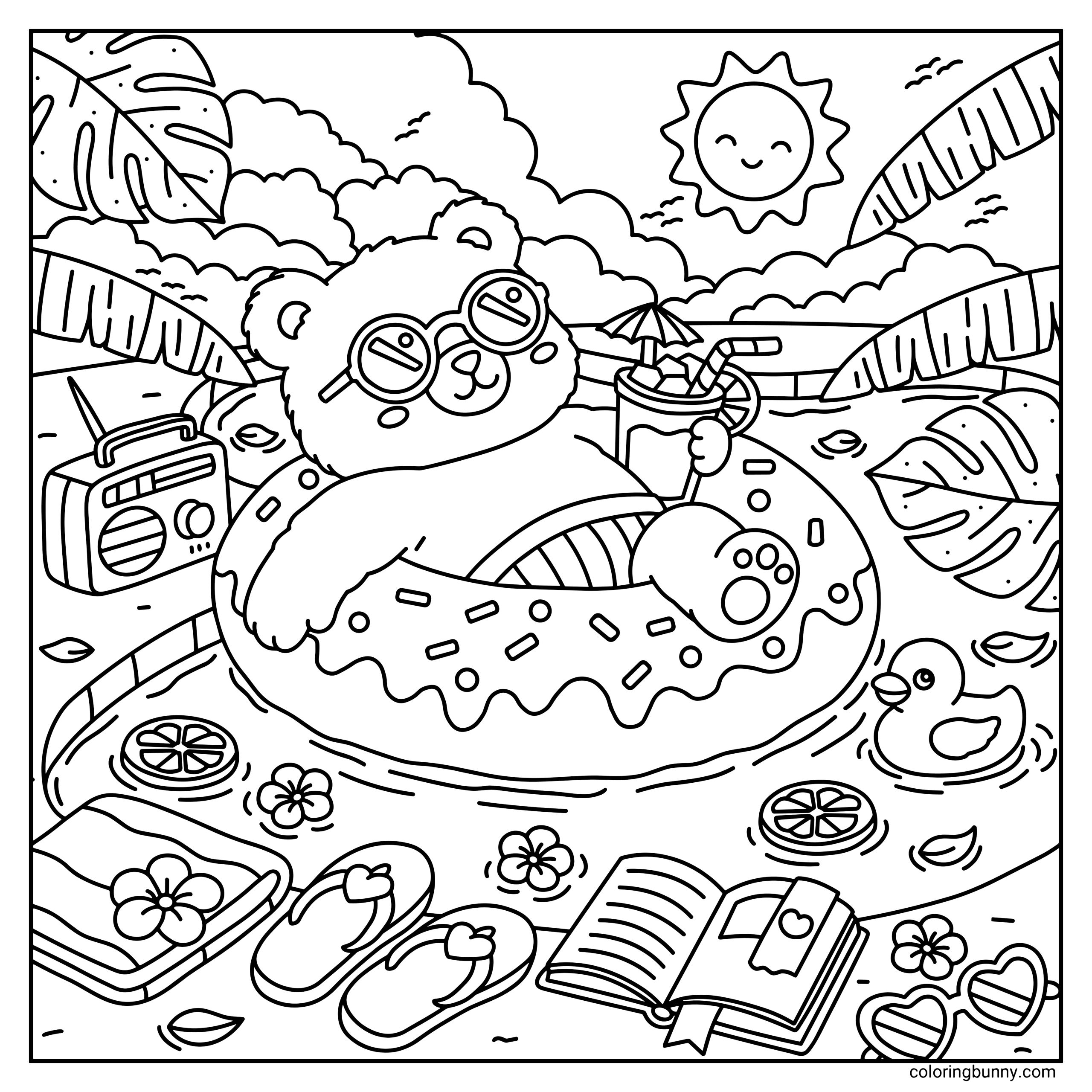 A hand-drawn cozy summer coloring page showing a relaxed bear floating in a swimming pool on a sprinkle-covered donut inflatable. The bear wears round sunglasses and holds a tropical drink while surrounded by poolside essentials like a radio, a book, and flip-flops.