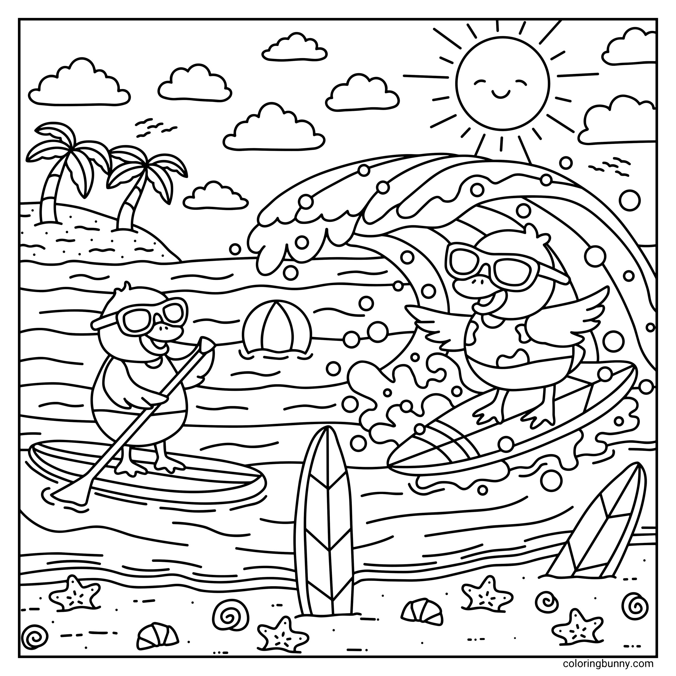 A hand-drawn cozy summer coloring page featuring two cheerful ducks enjoying water sports at a tropical beach with a smiling sun and palm trees. One duck catches a large curling wave on a surfboard while the other glides nearby on a paddleboard.