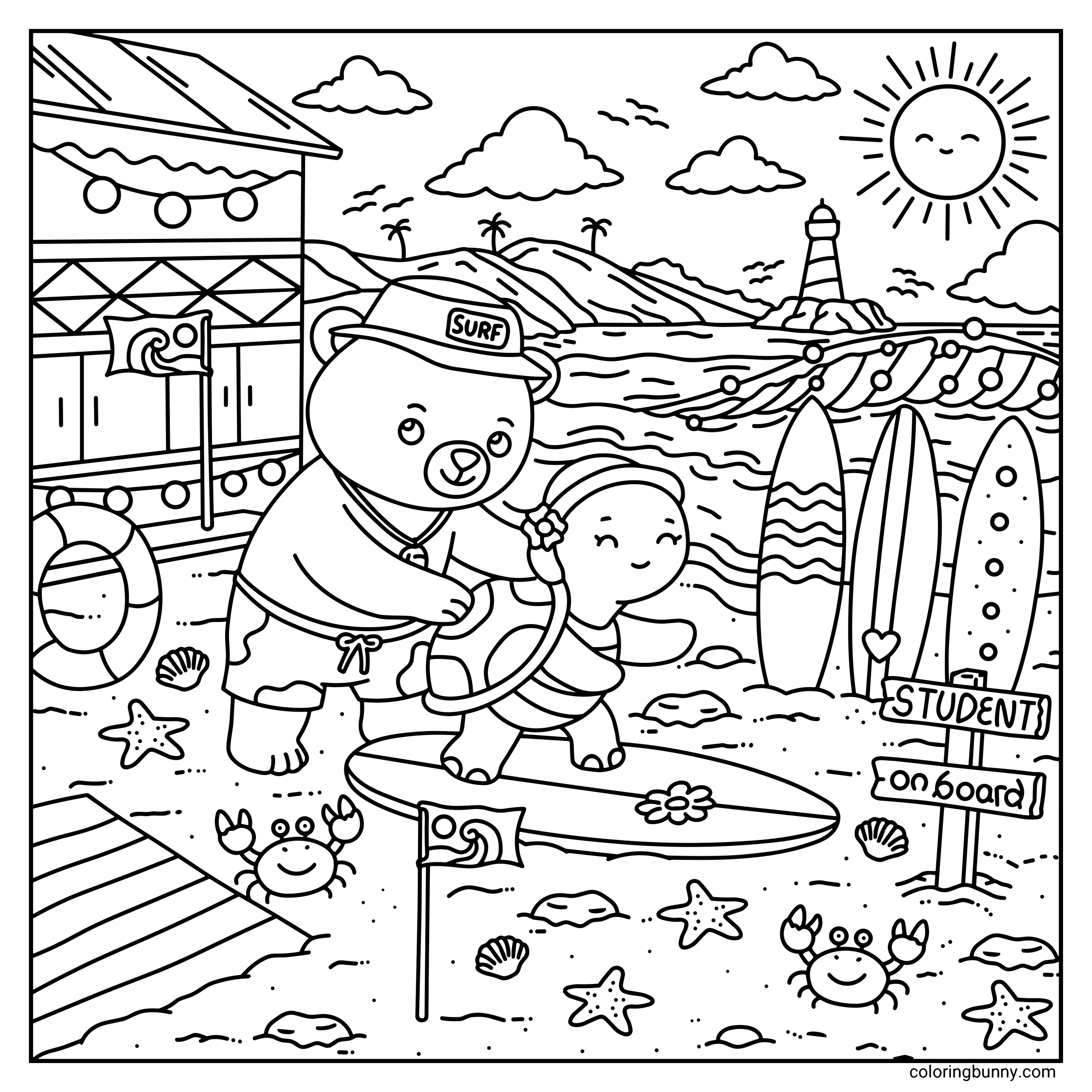 A hand-drawn cozy summer coloring page illustrating a helpful bear instructor giving a surfing lesson to a small turtle on a sandy beach. The scene features a coastal surf shack, a lighthouse in the distance, and several surfboards planted in the sand next to a "Student on board" sign.