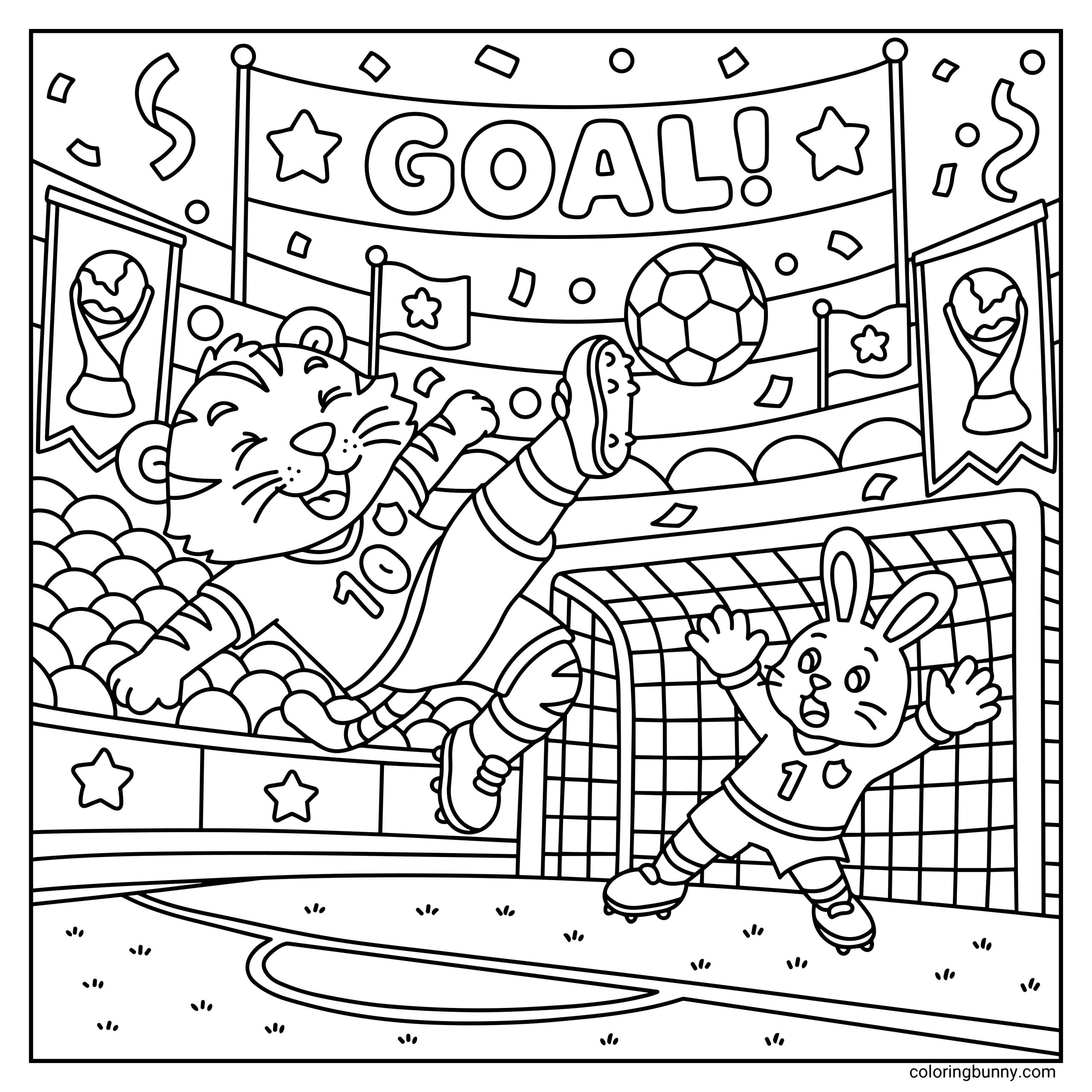 A hand-drawn cozy World Cup coloring page featuring a happy tiger soccer player scoring a spectacular goal as a surprised bunny goalkeeper dives in front of the net. Stadium banners, confetti, and a giant “GOAL!” sign fill the festive scene.