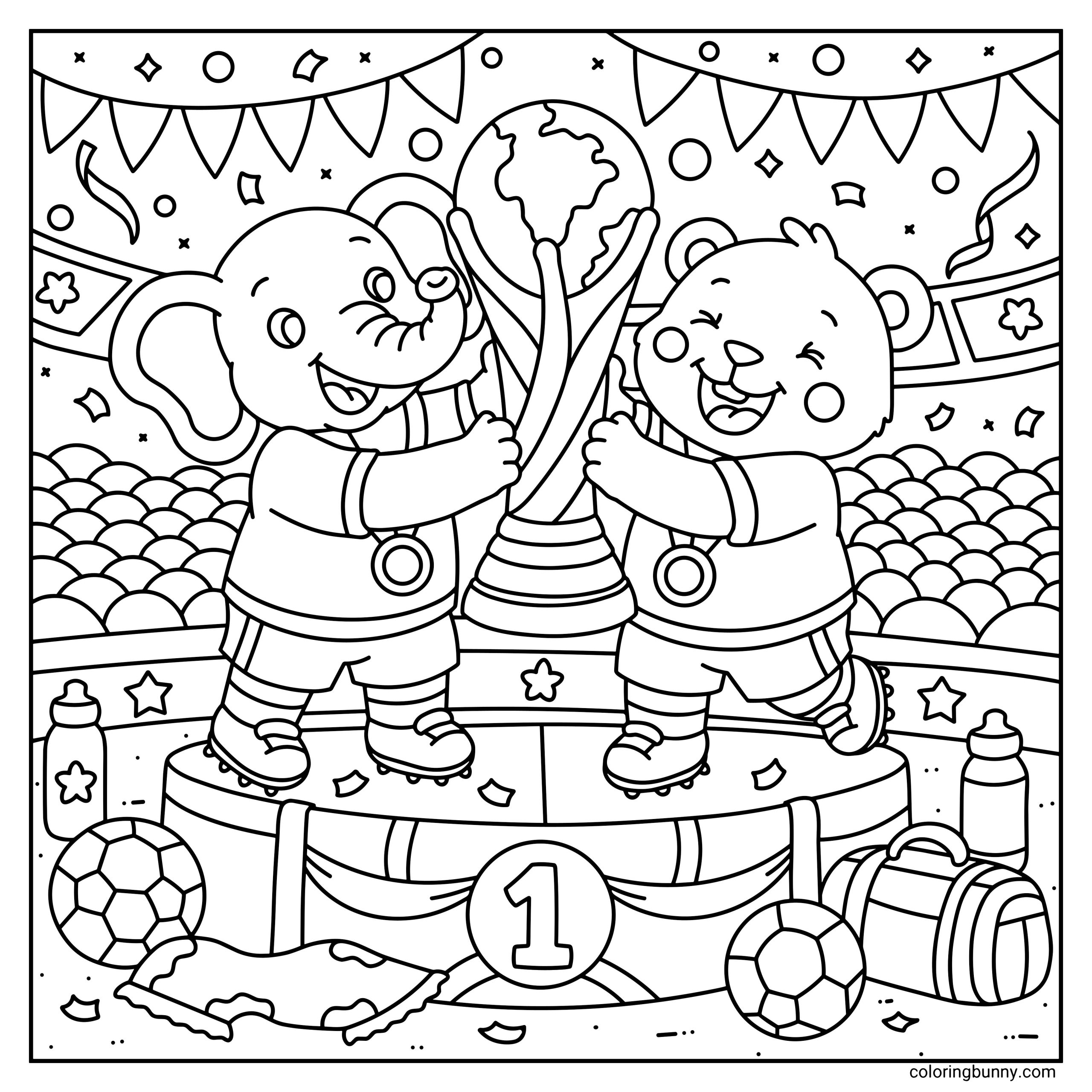 A hand-drawn cozy World Cup coloring page featuring a cheerful elephant and bear standing on a winners’ podium while proudly holding a trophy. Soccer balls, medals, confetti, and a stadium create a joyful celebration scene.