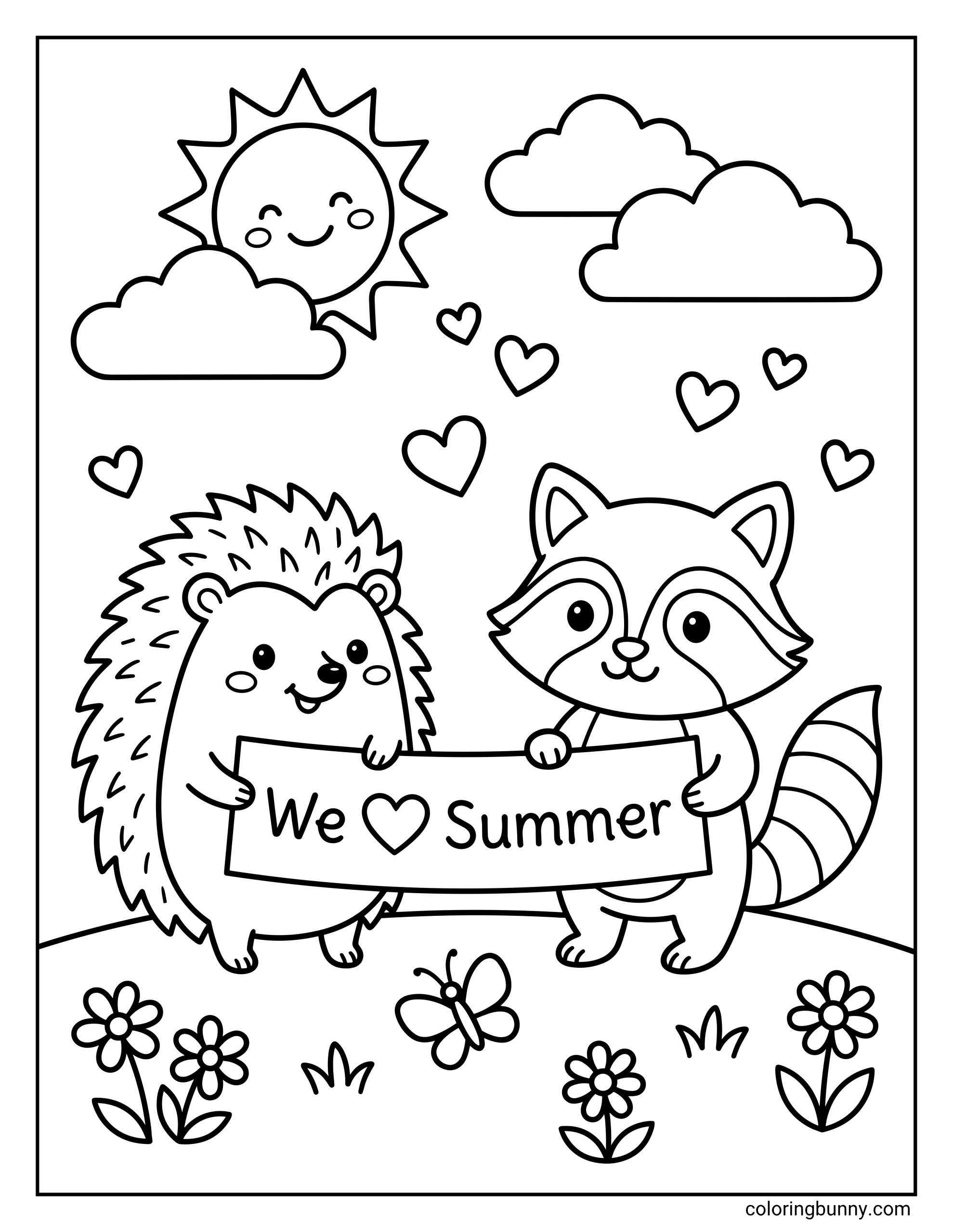 Cute Animals We Love Summer coloring page with a hedgehog and raccoon holding a “We Love Summer” sign, surrounded by hearts, flowers, a butterfly, clouds, and a smiling sun.