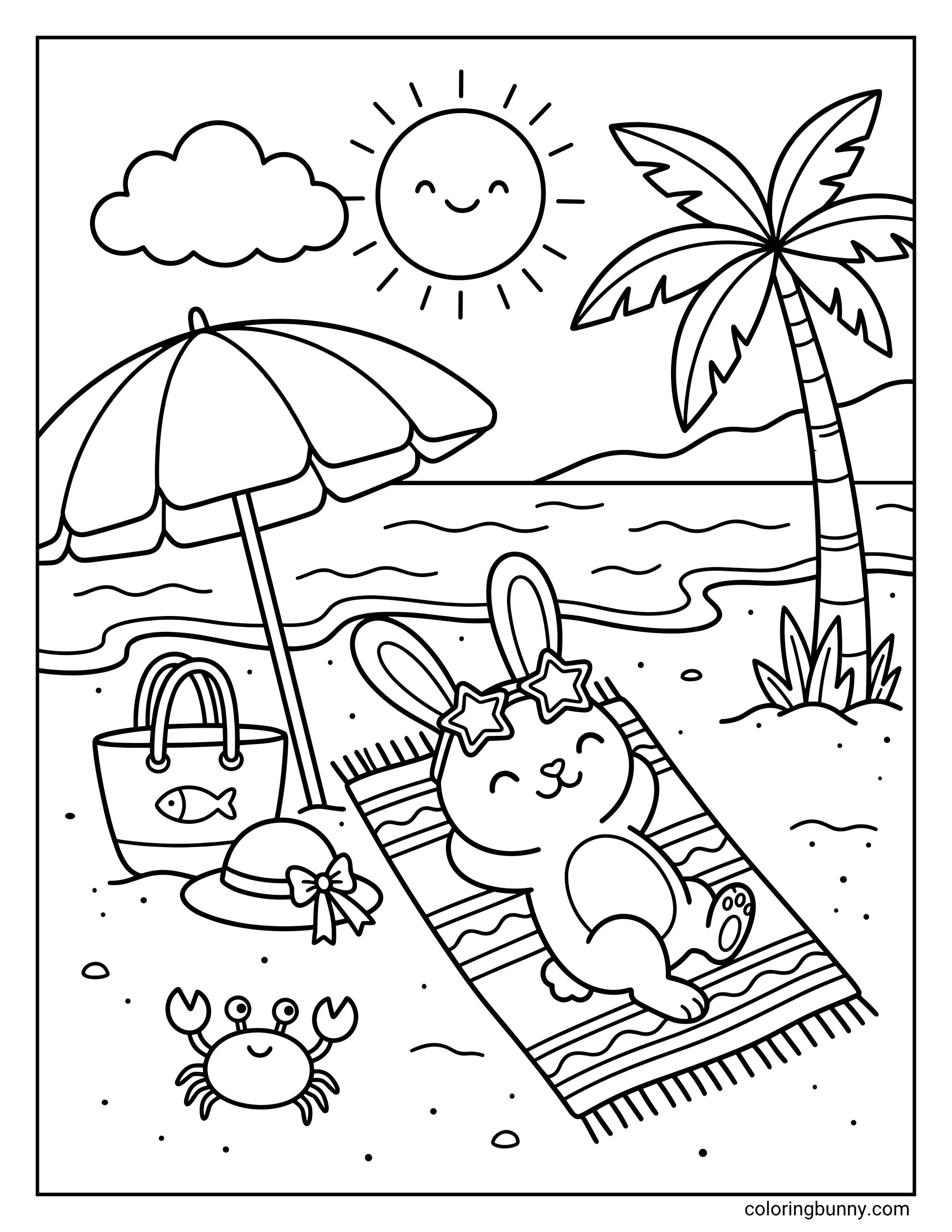 summer beach coloring sheet featuring a bunny lying on a patterned towel with star-shaped sunglasses, beside a beach umbrella, a tote bag, a hat with a bow, a palm tree, ocean waves, and a small crab.
