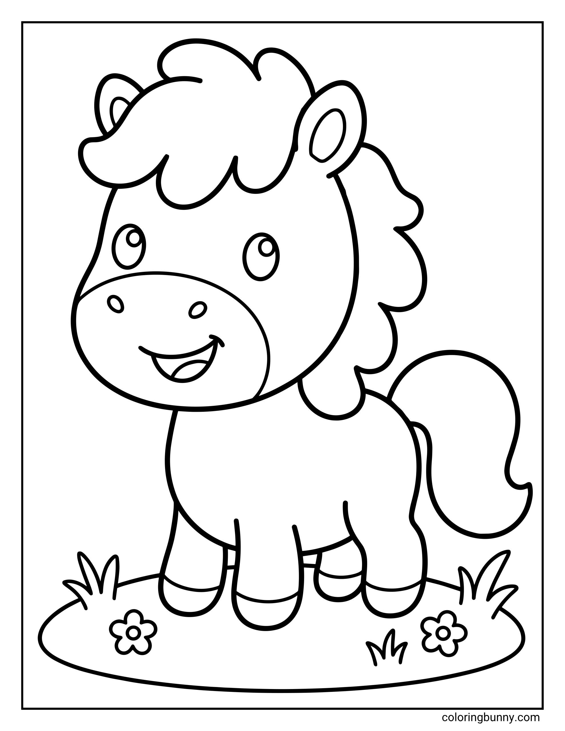 Coloring page of a cute chibi horse with a big smiling face, fluffy mane, rounded body, and simple flowers and grass around its feet.