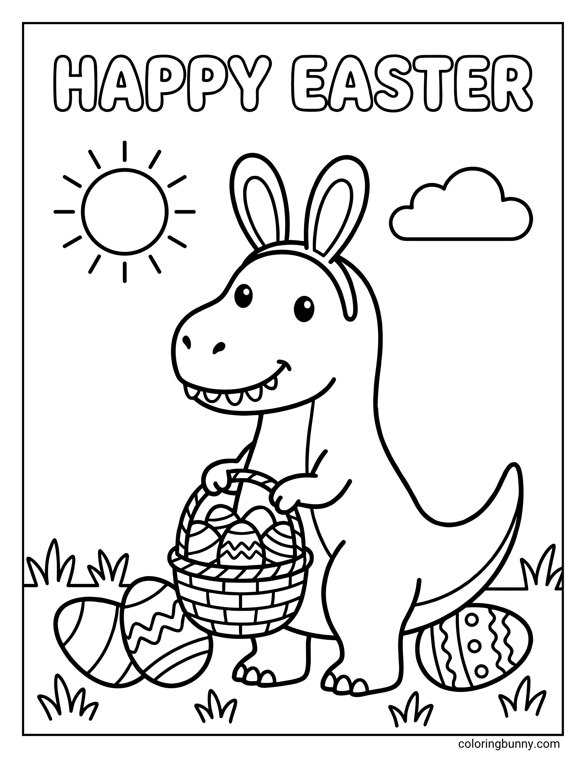 Cute dinosaur Easter coloring sheet showing a cheerful dinosaur with bunny ears, standing beside big patterned eggs and carrying a basket filled with Easter eggs. The sunny sky and grassy ground give the whole picture a fun springtime look.