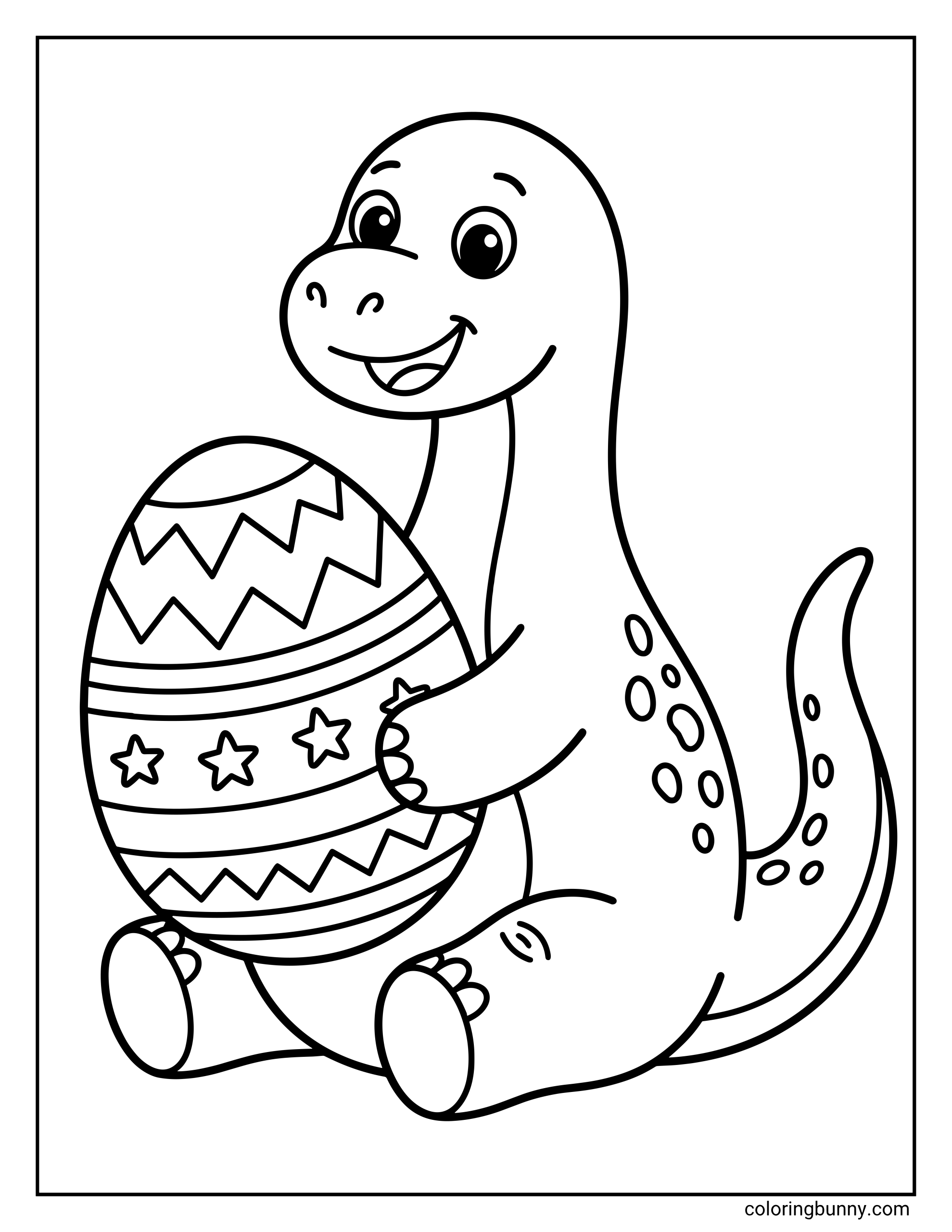An Easter Dinosaur coloring page of a cute baby dinosaur sitting down and holding a large decorated egg with zigzags, stripes, and stars. The smiling dinosaur has a long neck, spotted body, and curved tail, making the whole scene look sweet and playful for kids.