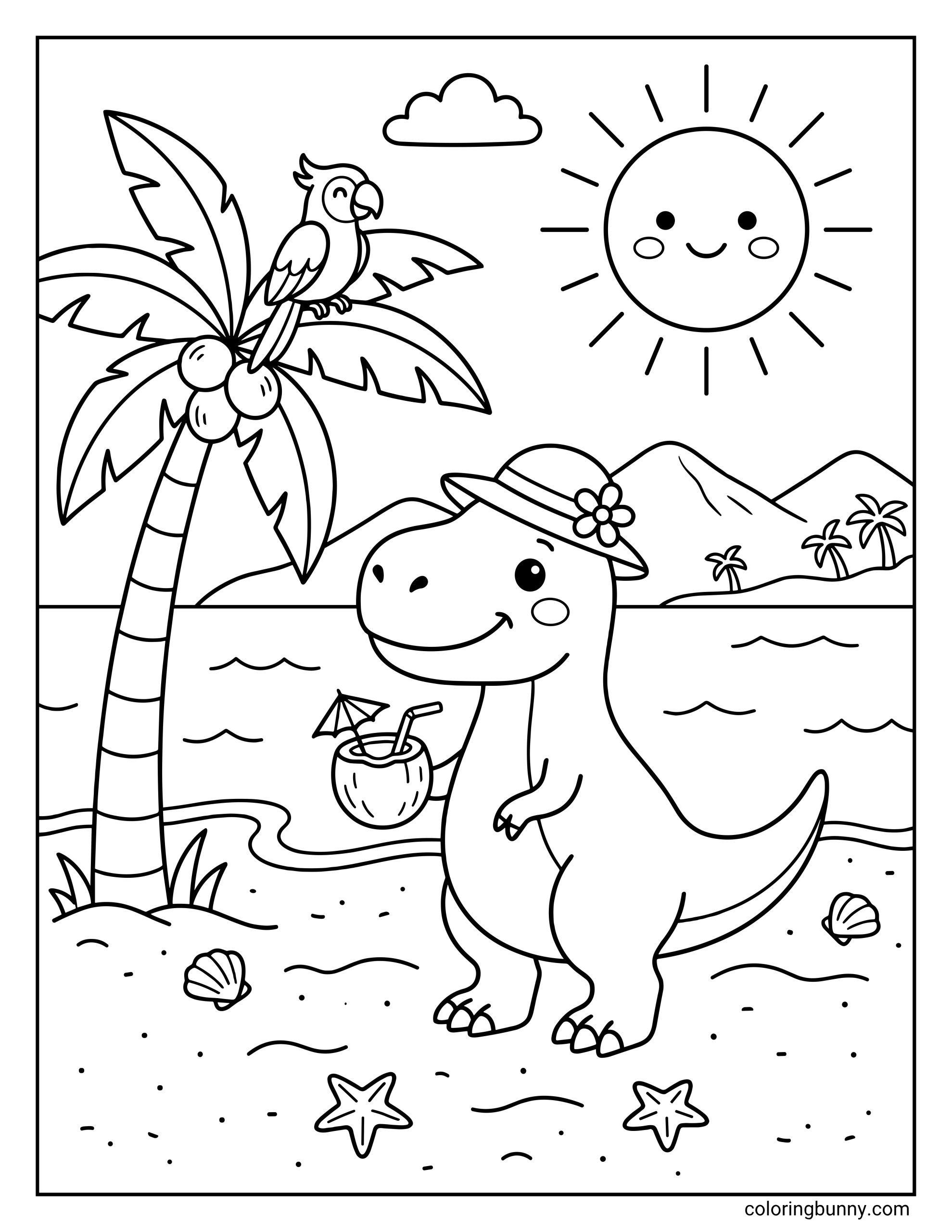 Dinosaur summer coloring page of an adorable dinosaur wearing a flower hat standing on a beach with starfish and shells. A friendly parrot sits in a coconut palm tree under a bright, smiling sun in the sky.