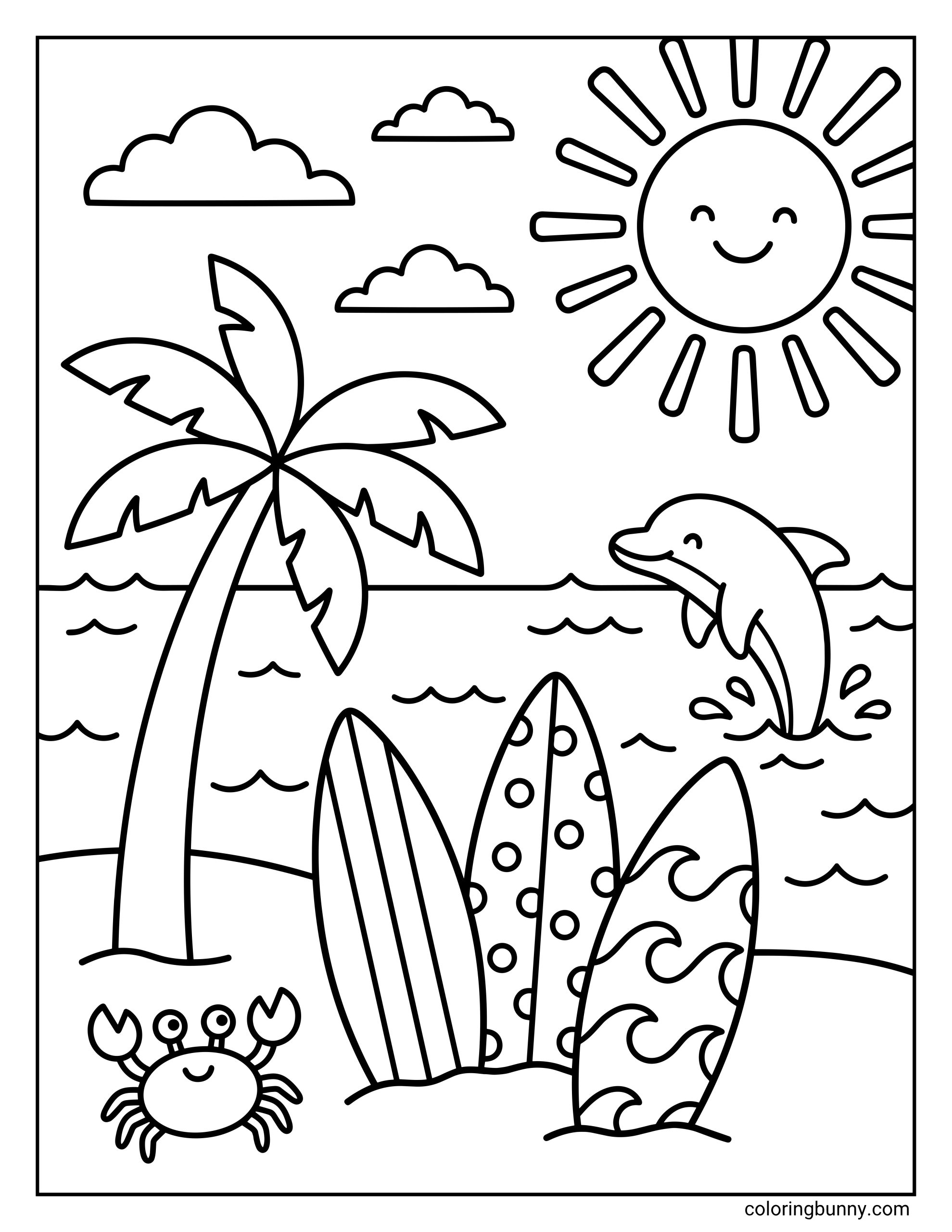 Cute Summer beach coloring page showing three surfboards on the shore with a palm tree nearby, a dolphin leaping in the water, a crab on the sand, clouds, and sunshine.