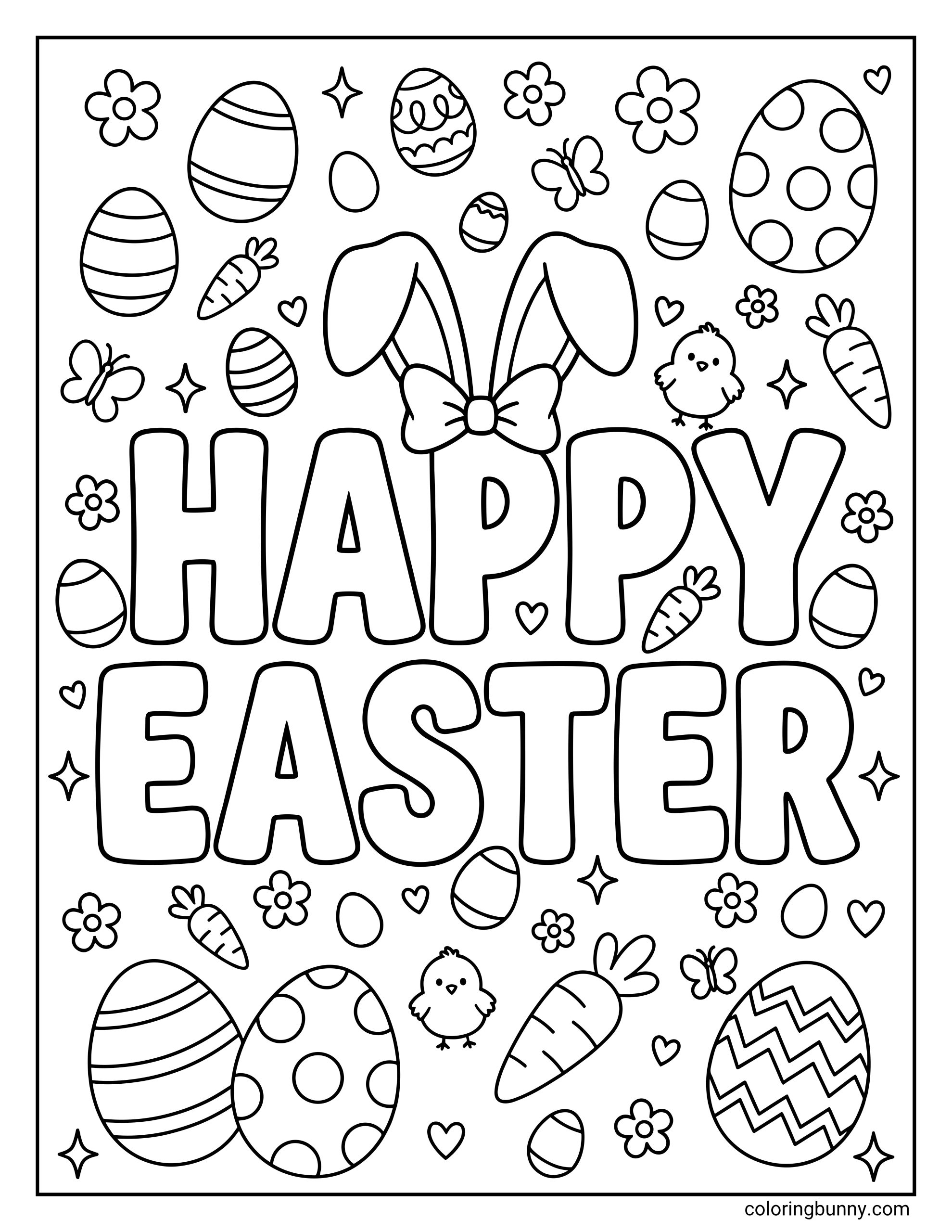 An Easter coloring page showing big Happy Easter text with a bow and bunny ears, surrounded by patterned eggs, baby chicks, carrots, flowers, and butterflies.
