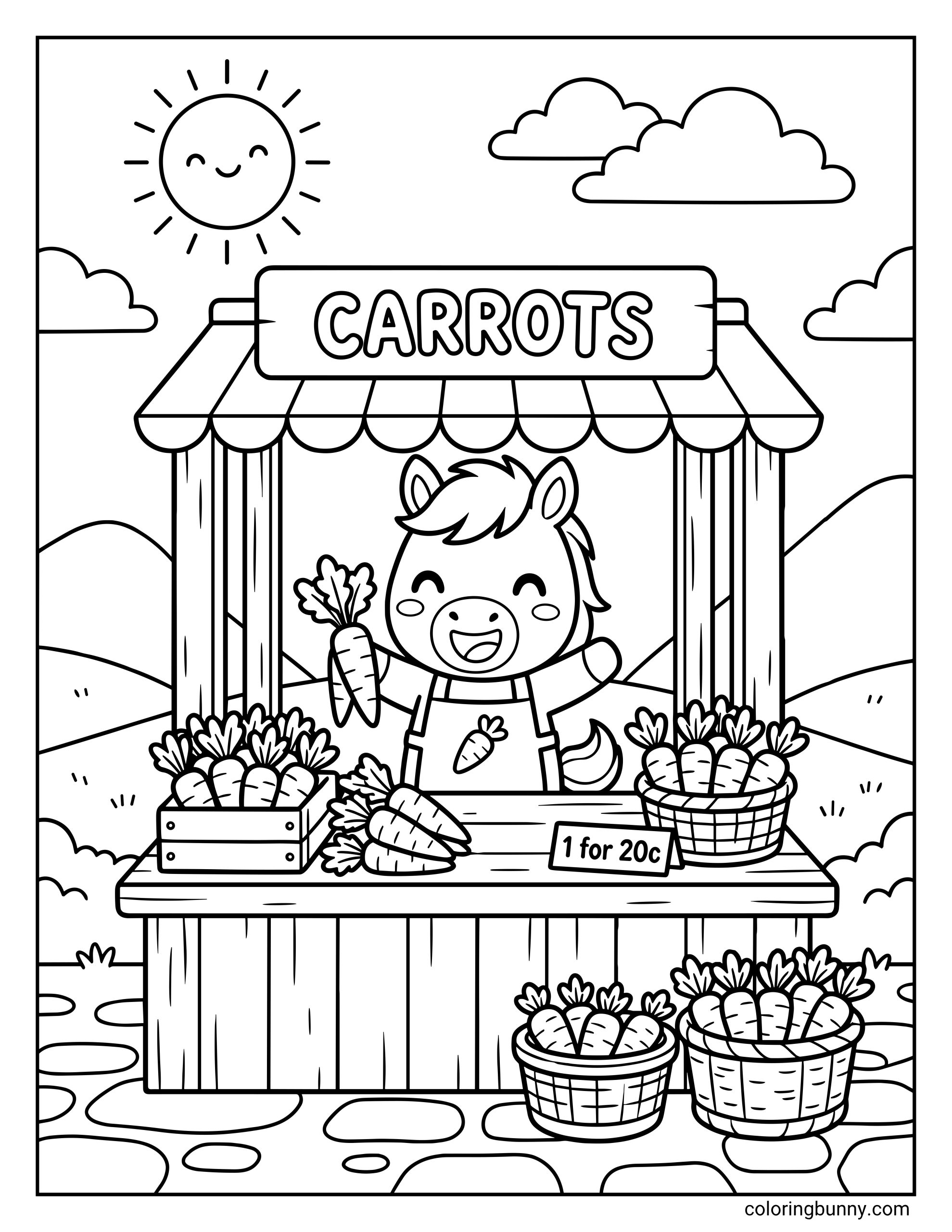 Cute coloring page of a cute pony selling carrots at a market stand, with baskets of carrots, a price sign, clouds, hills, and a smiling sun.